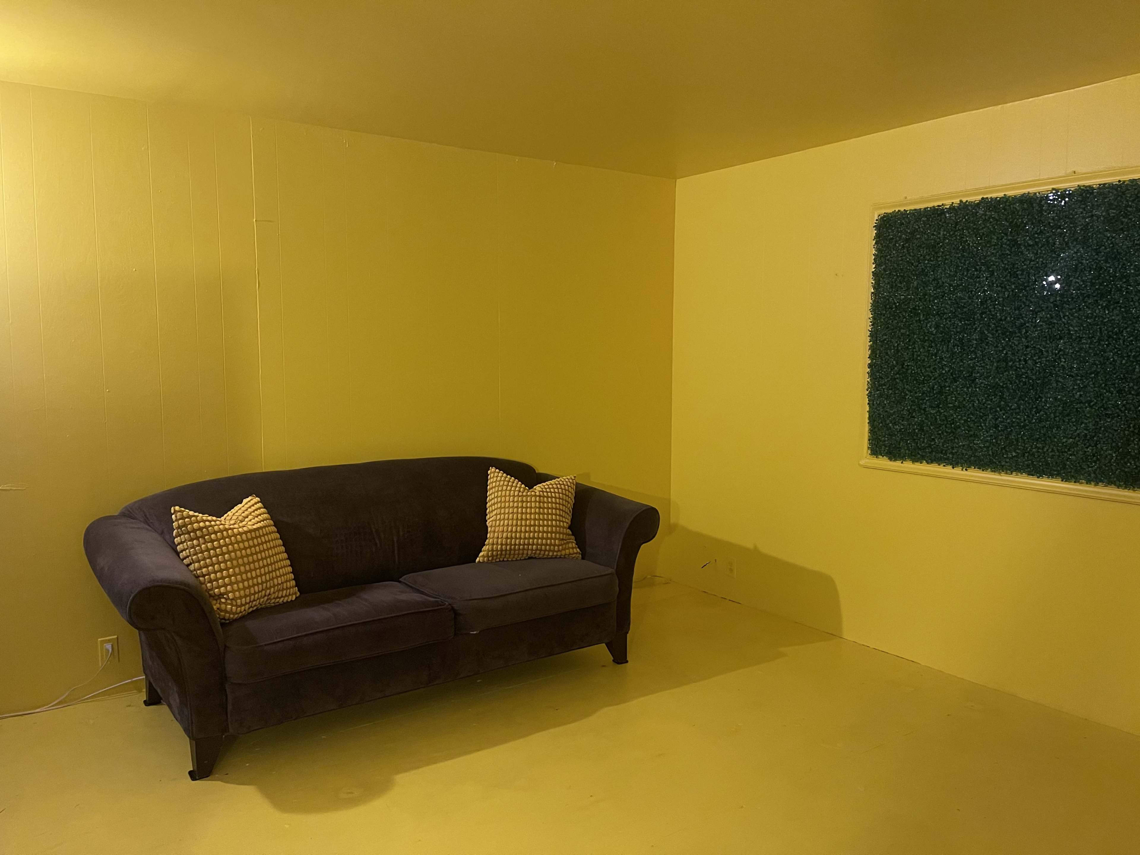 A room with yellow walls and flooring, featuring a dark gray couch with checkered cushions and a window covered with artificial greenery.