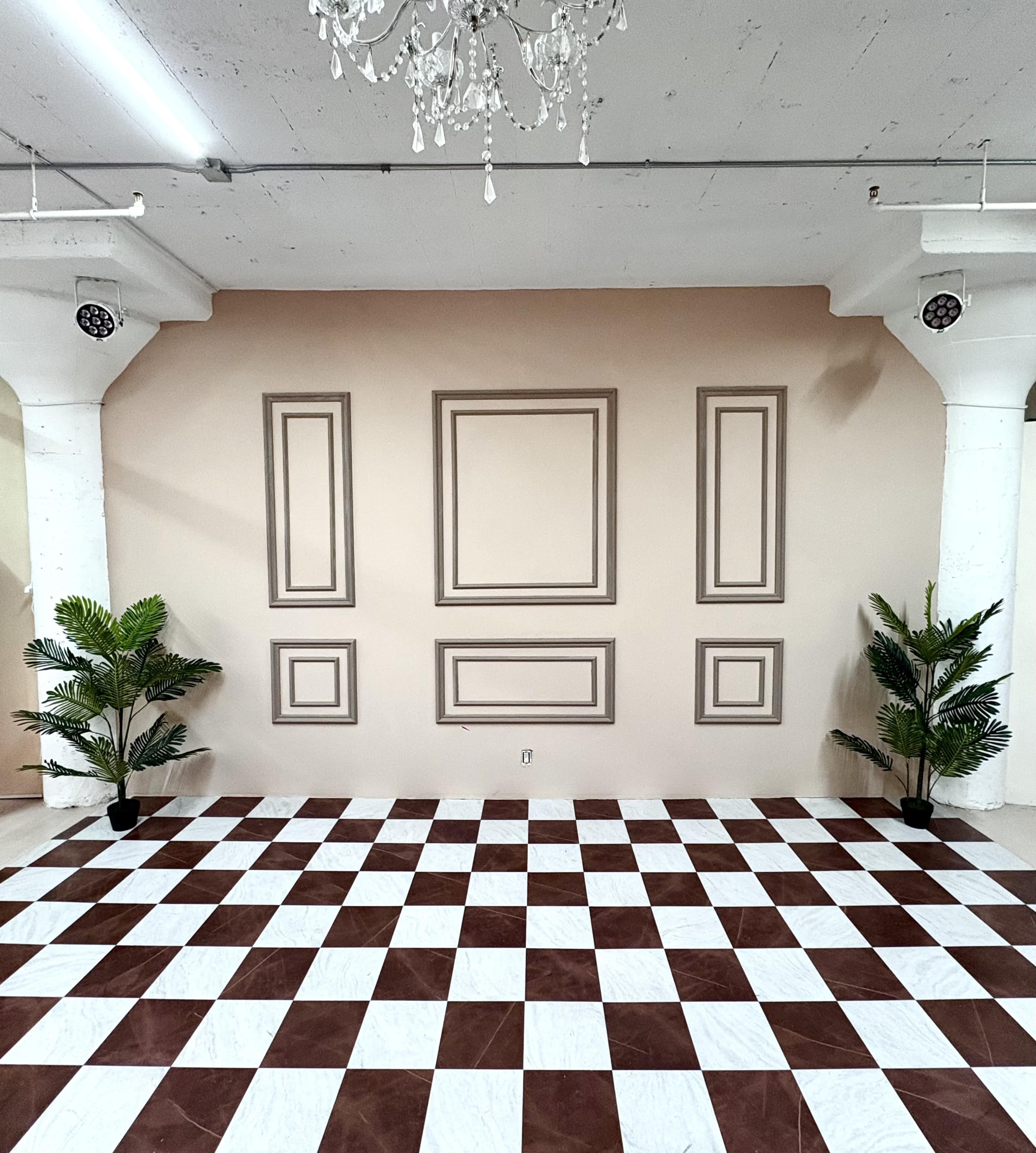 The image shows a room with a checkered floor in brown and white tiles, a plain light-colored wall featuring framed designs, and two potted plants on either side.