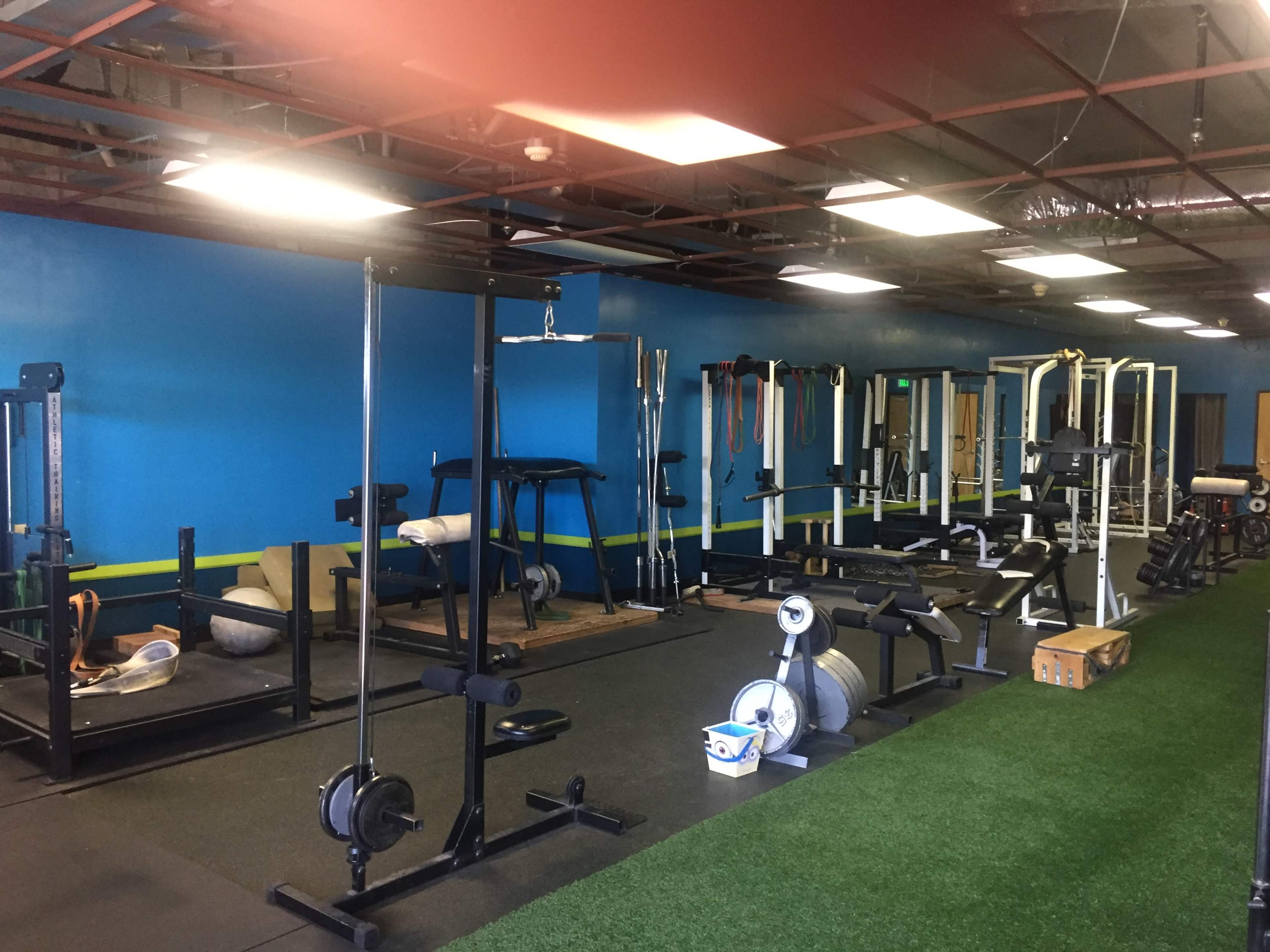 A gym interior with various weightlifting and exercise equipment arranged along blue and green walls.