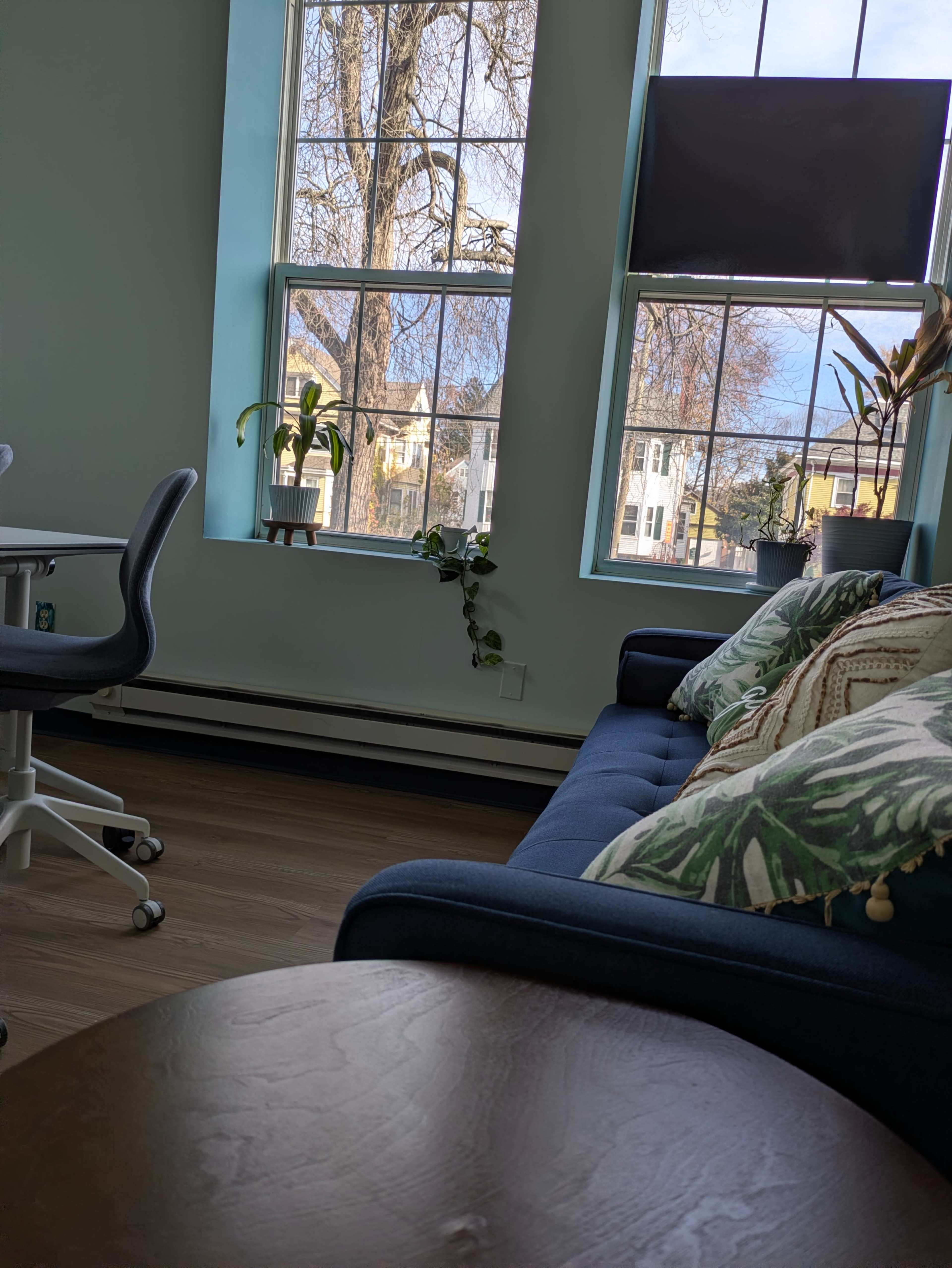 The image shows a cozy interior space featuring a blue couch with decorative pillows, a wooden coffee table, and large windows letting in natural light, with a view of trees and nearby buildings outside.