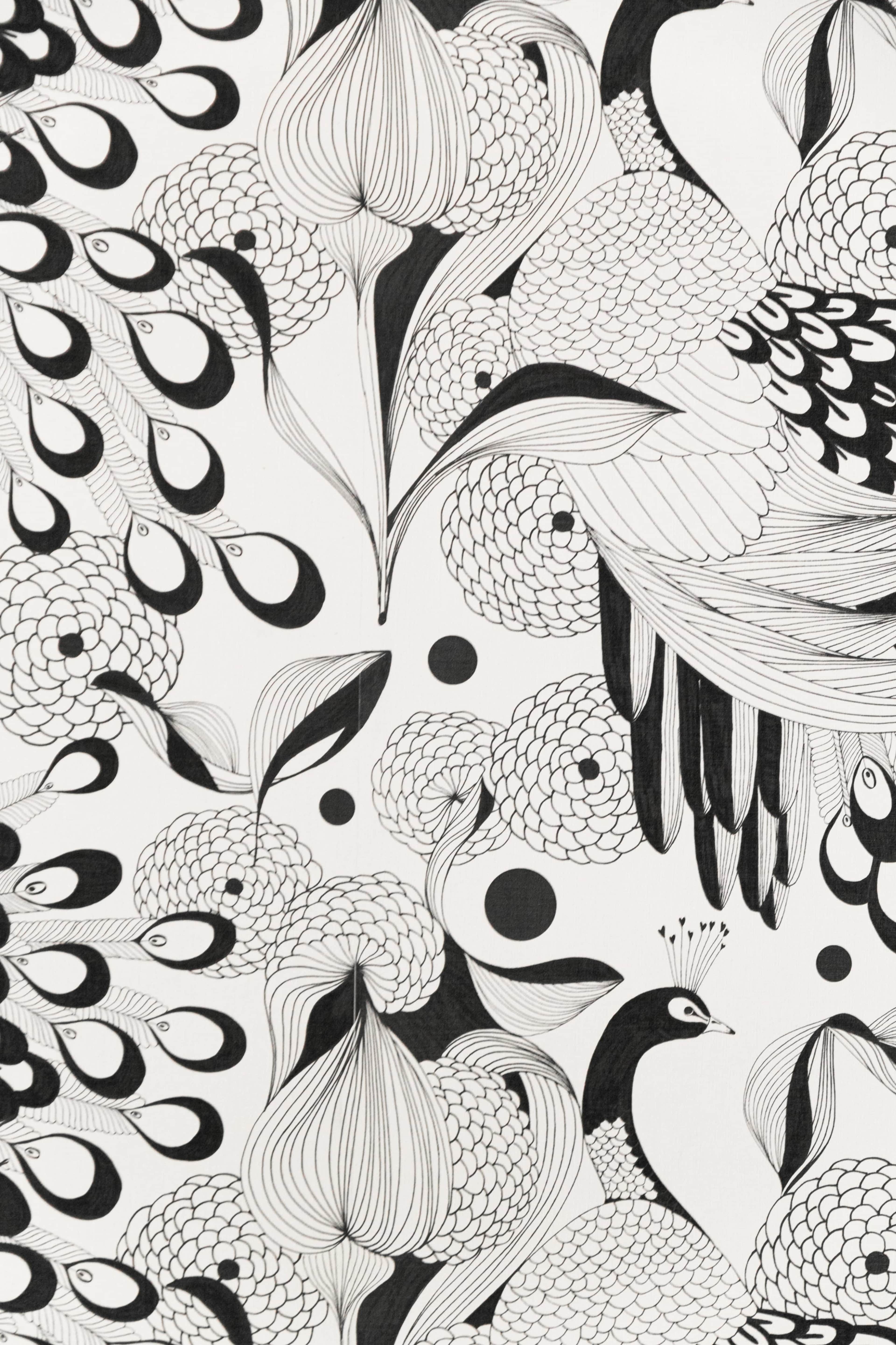 A black and white patterned design with peacocks and various floral shapes intertwined among abstract elements.