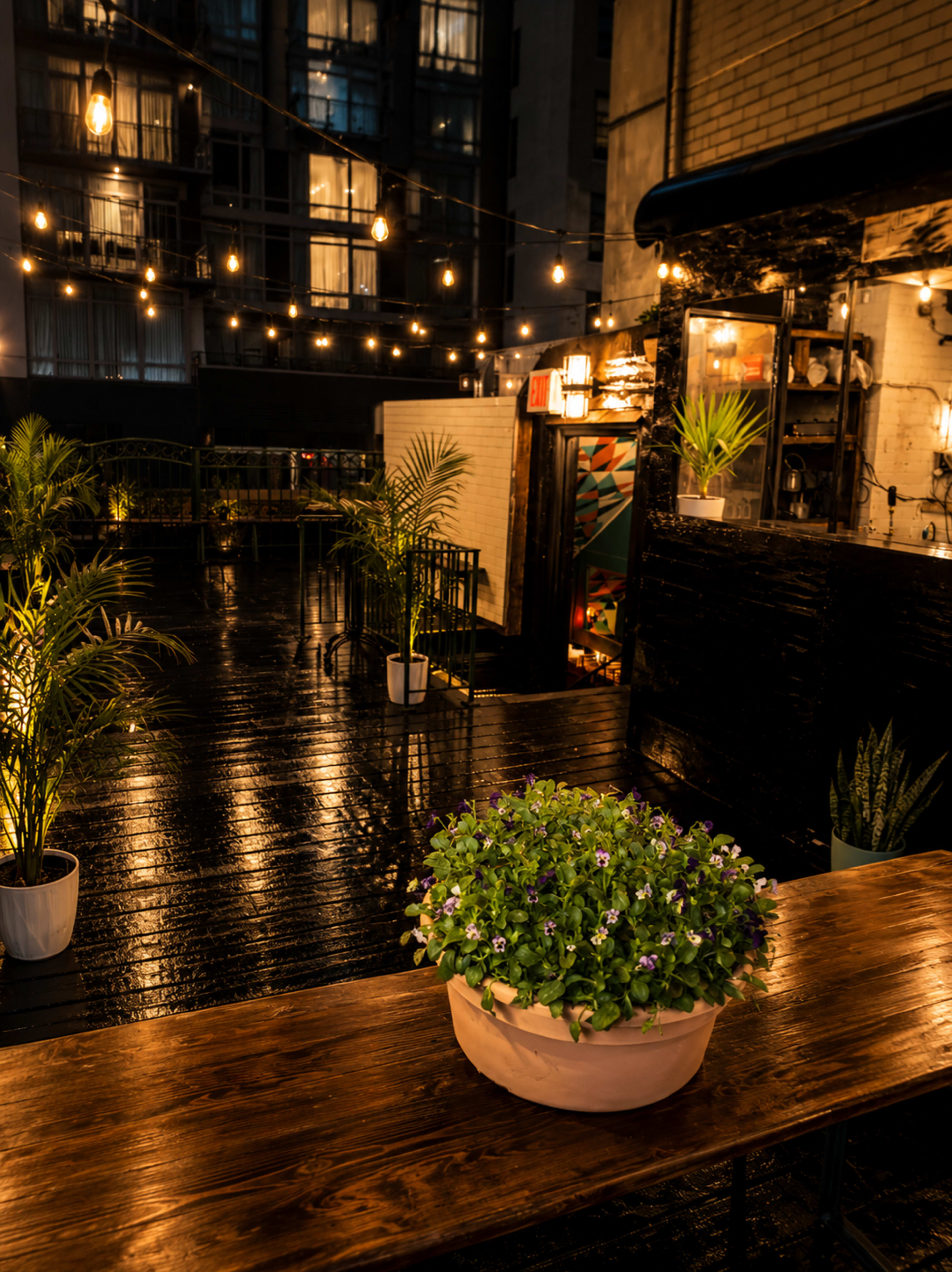 The image shows a dimly lit outdoor patio with a wooden table featuring a potted plant, string lights overhead, and a bar area in the background.