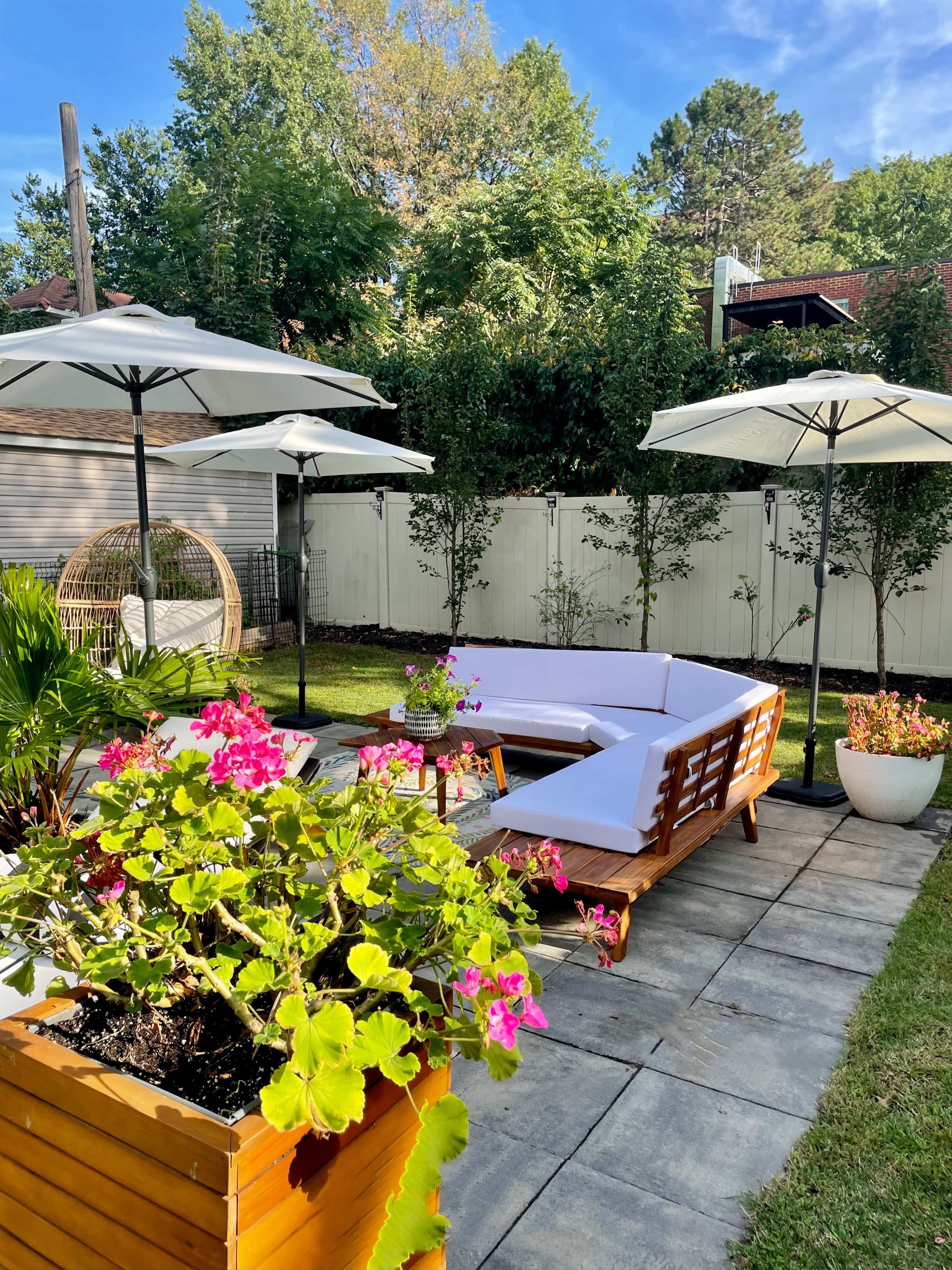 A backyard space with a white sectional sofa, several umbrellas, planters filled with colorful flowers, and a wicker chair under a tree.