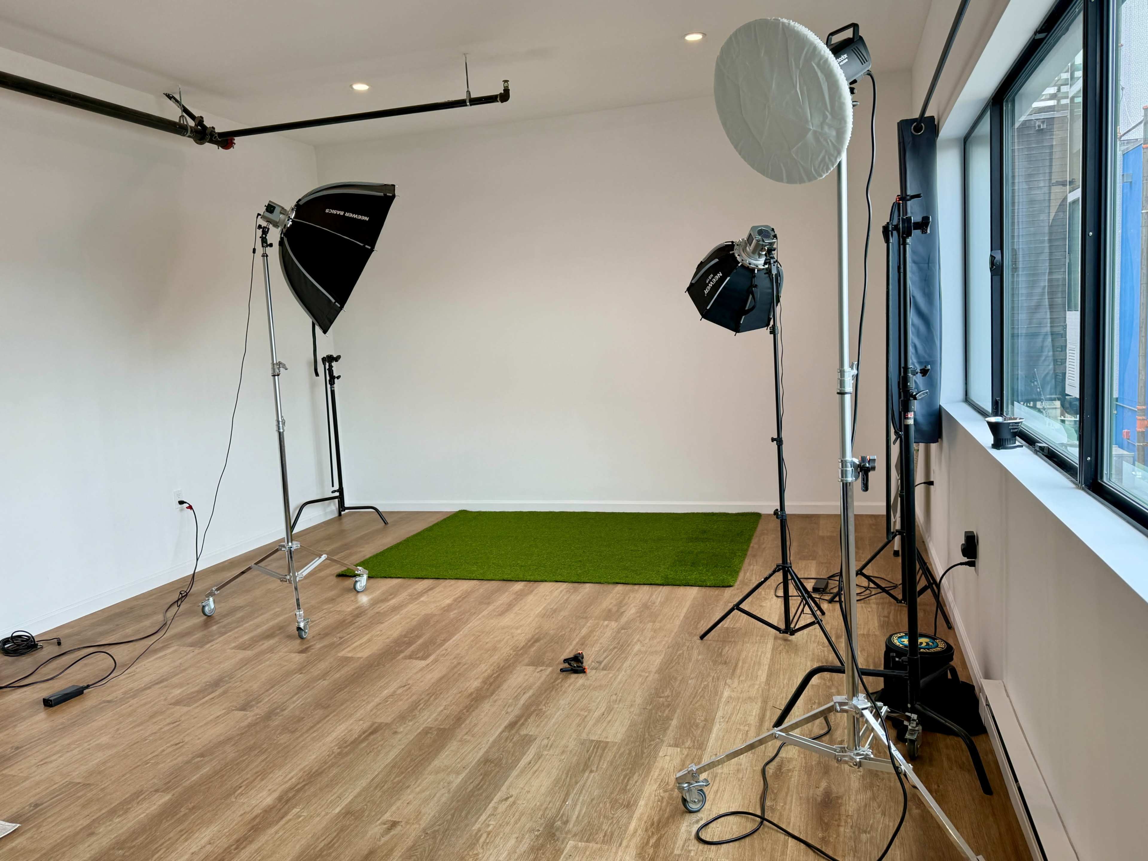 The image shows a photography studio with two softbox lights, a backdrop of artificial grass, and large windows allowing natural light.