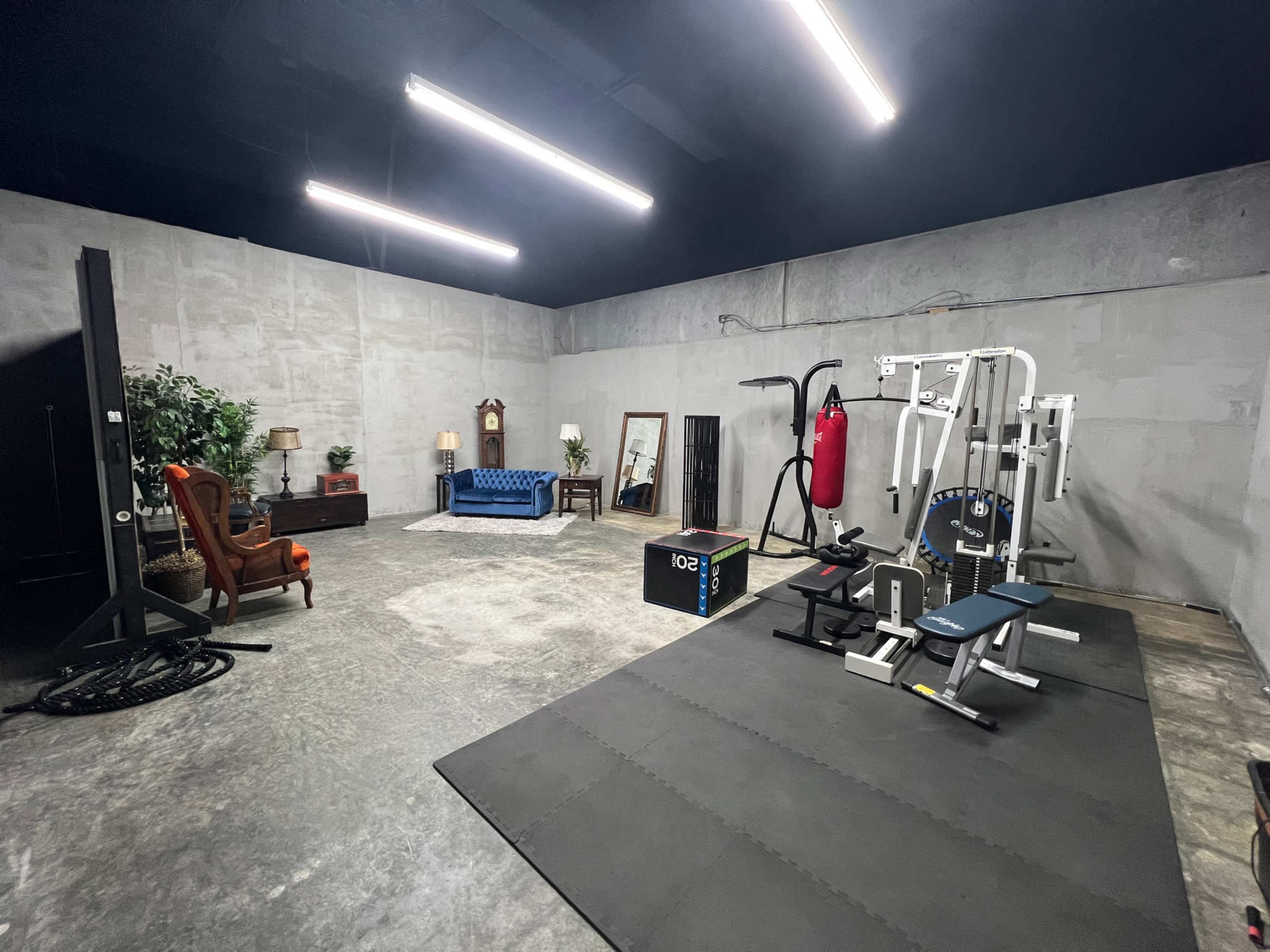 The image shows a spacious room with a gym area featuring fitness equipment, a blue sofa, an armchair, a mirror, and a decorative plant.