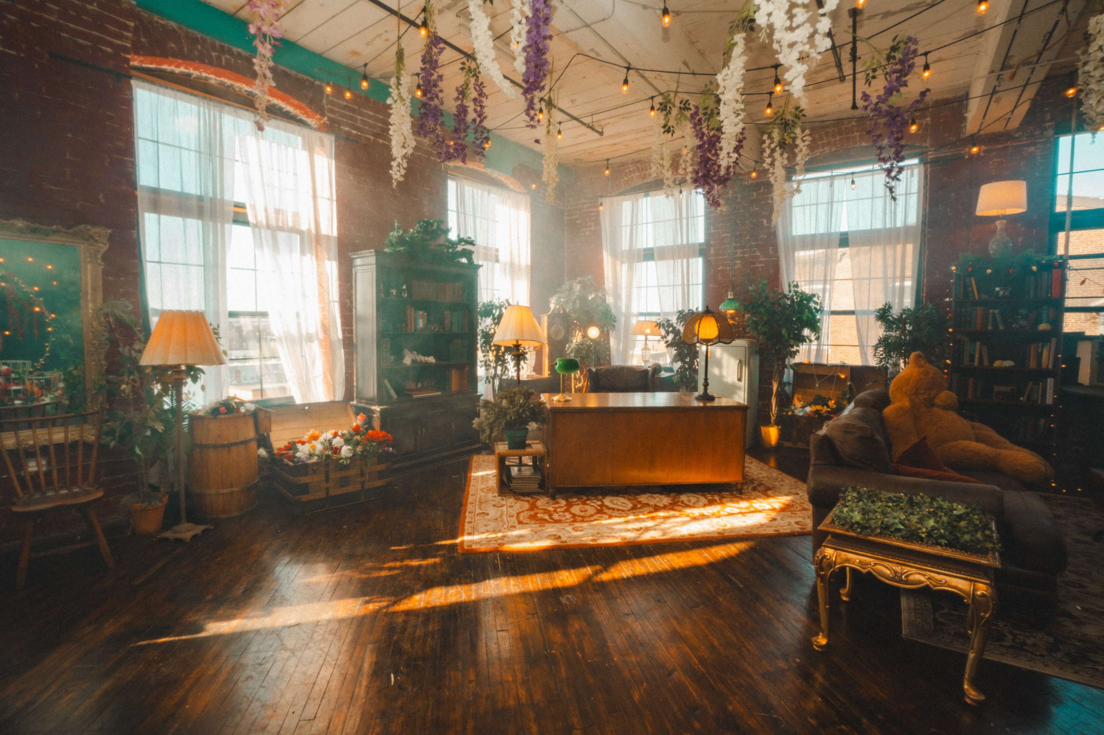 The image shows a spacious room with large windows, wooden floors, and various plants, featuring a seating area with a sofa and a large teddy bear.