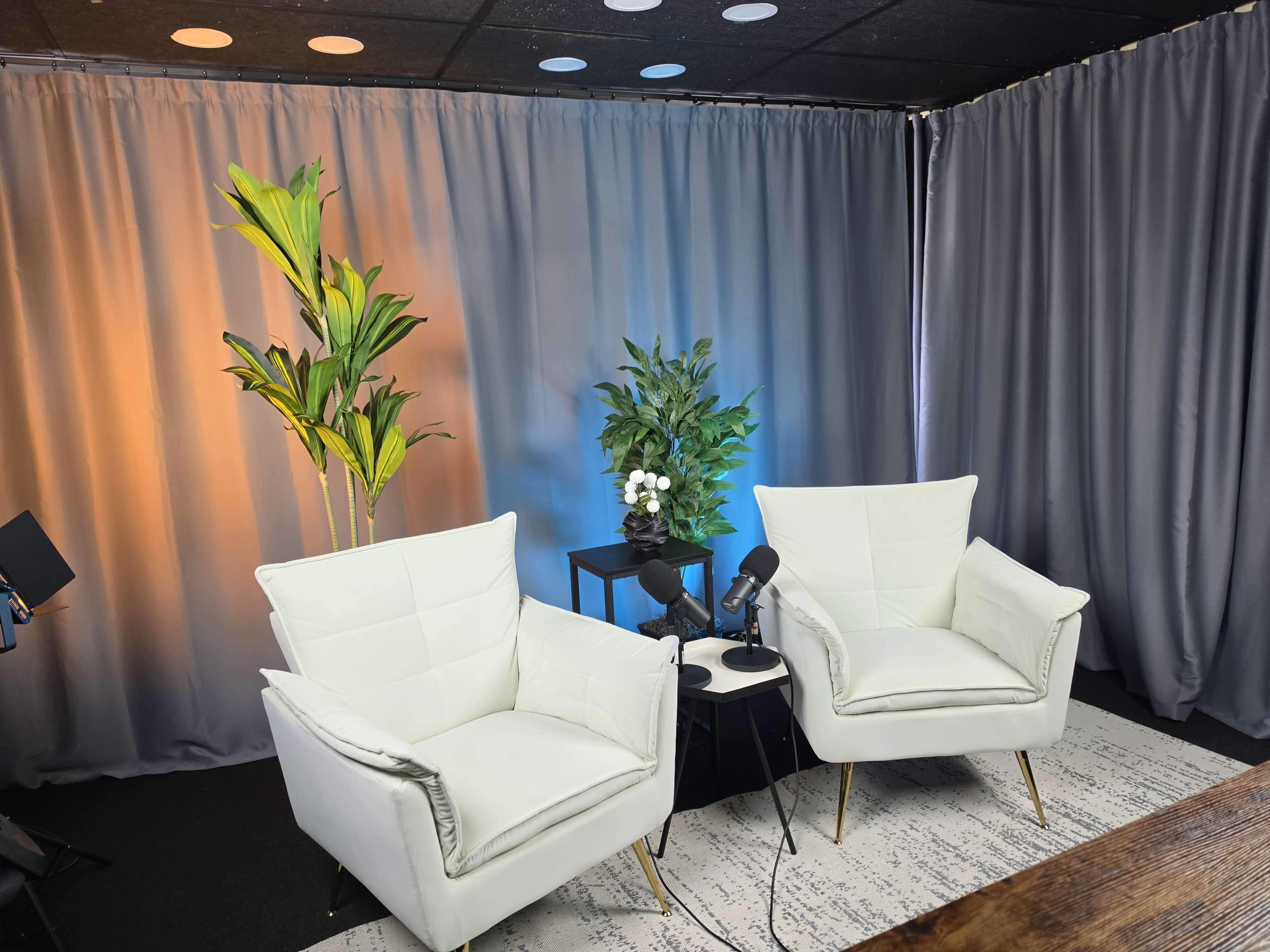 The scene features two white chairs positioned in front of a backdrop of gray curtains, with plants and microphones on a black side table.