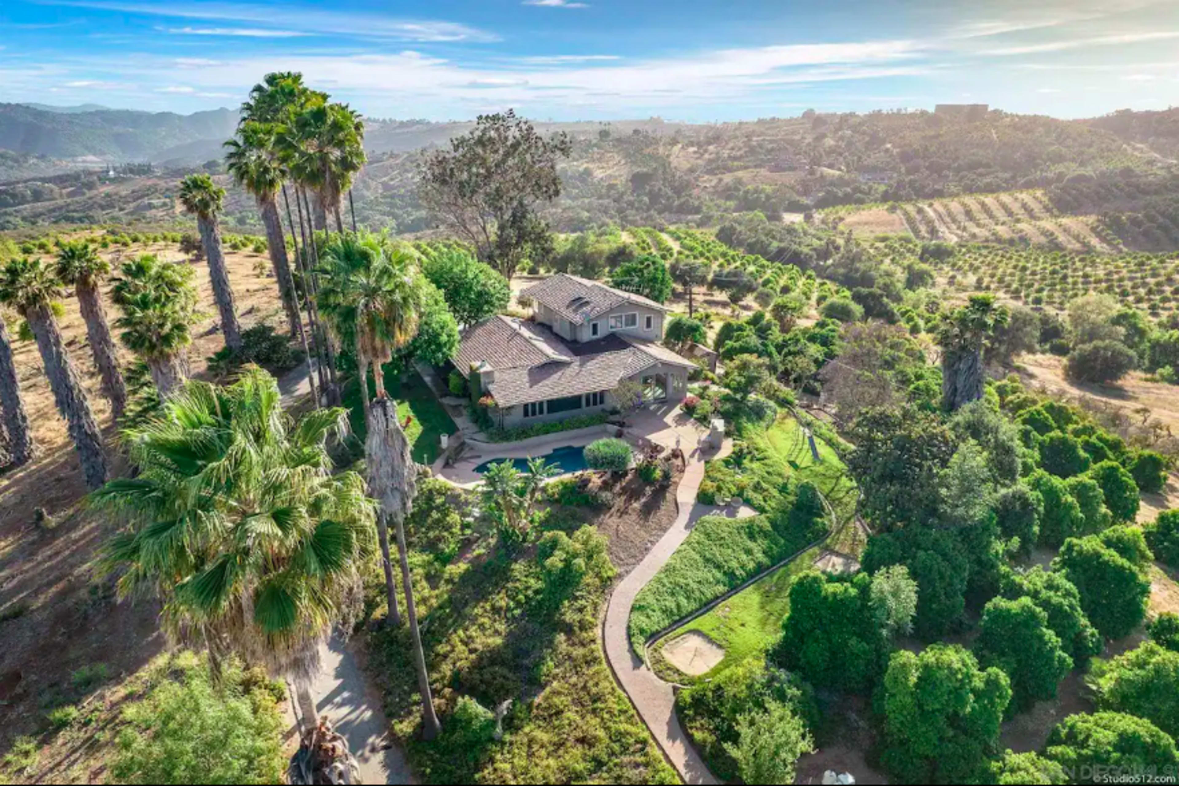 Aerial view of a large house surrounded by palm trees and an orchard on a hillside.