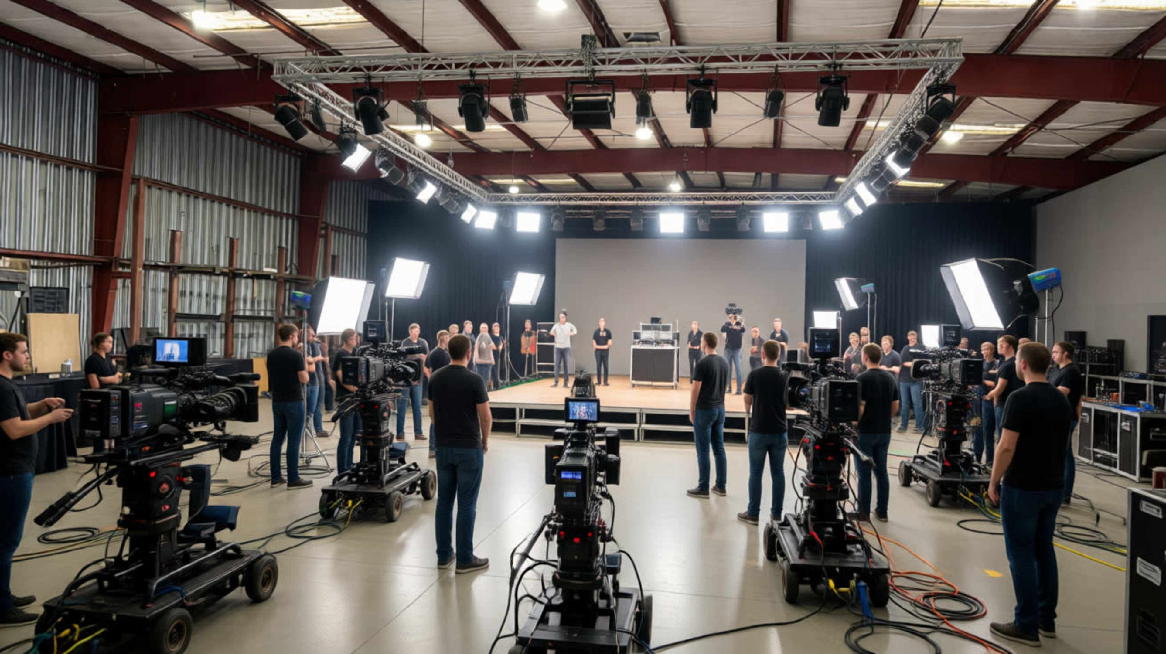 A group of individuals in black shirts stands in a large studio surrounded by multiple video cameras on rolling stands, with bright lights illuminating the stage.
