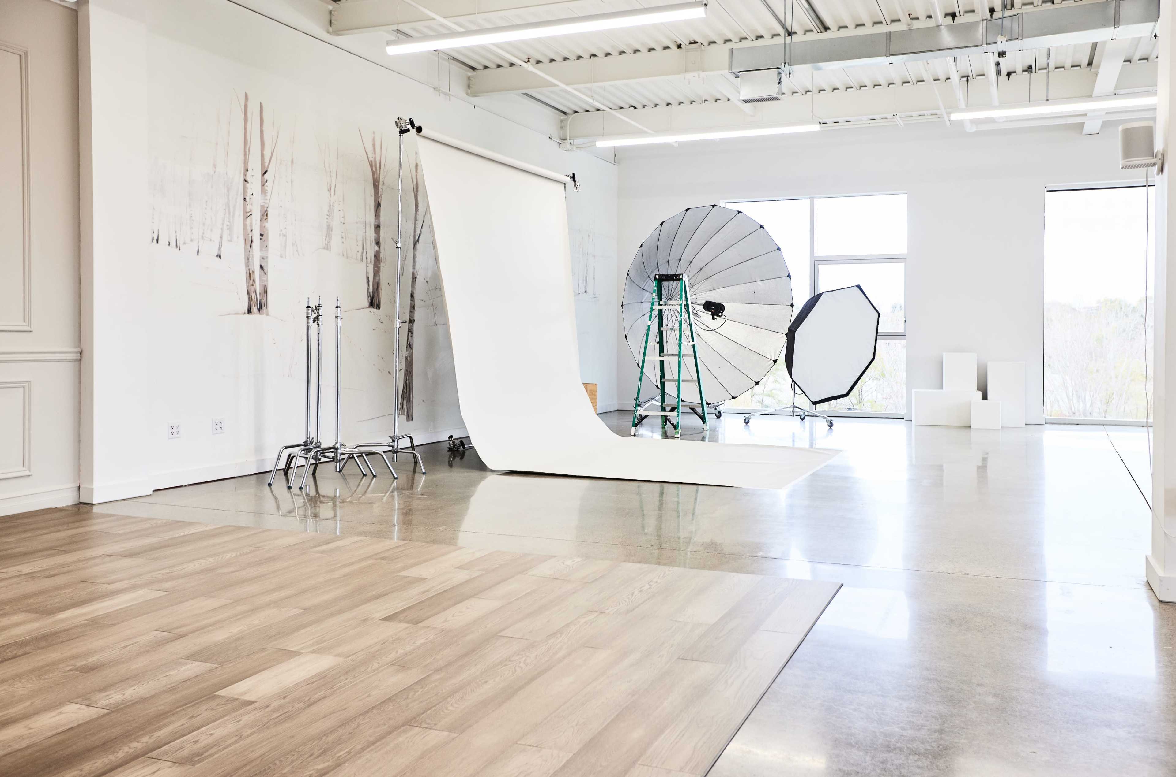 A photography studio featuring a white backdrop, lighting equipment, and a wooden floor.