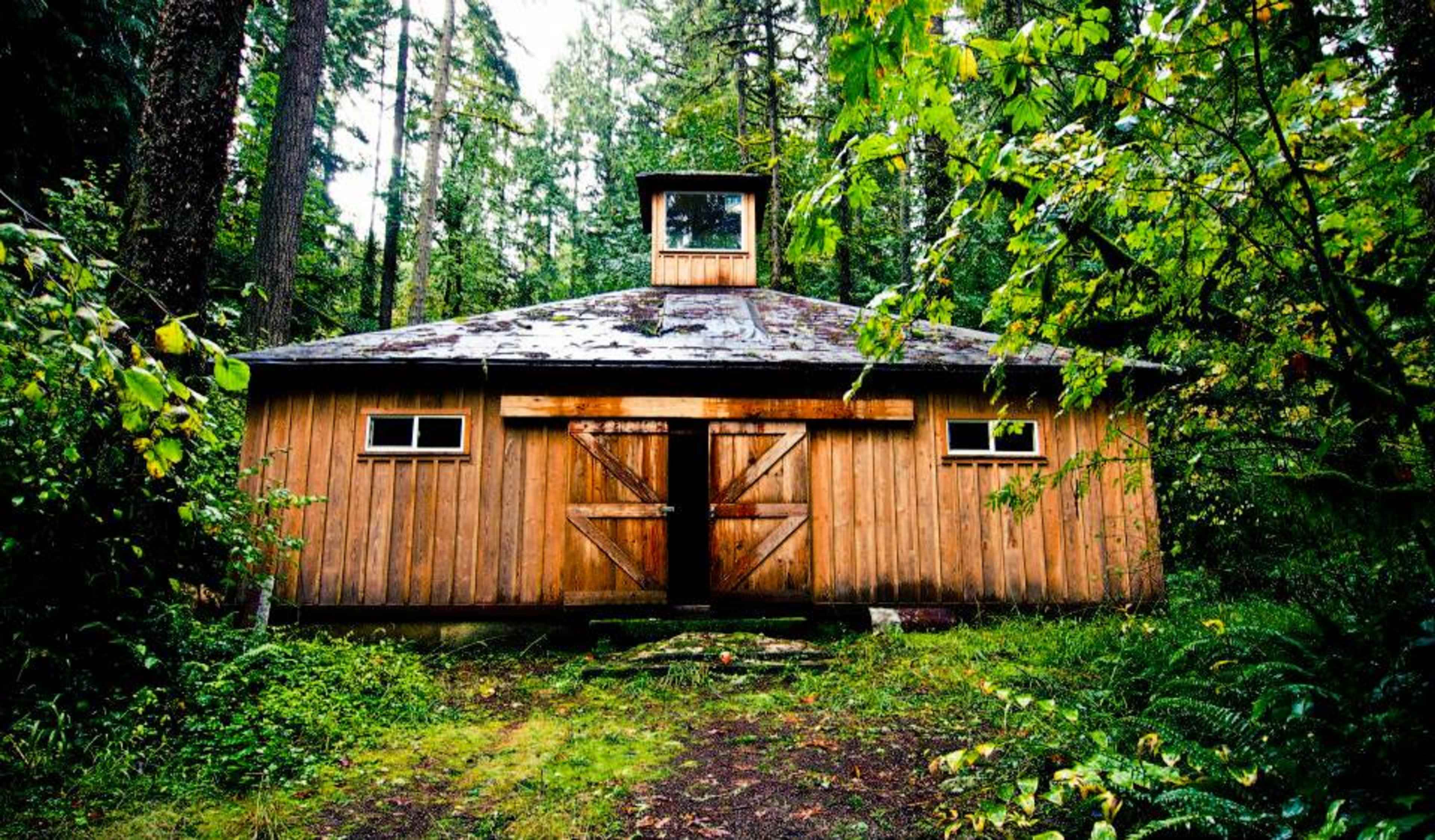 A wooden cabin with a sloped roof, situated among dense green trees in a forest.
