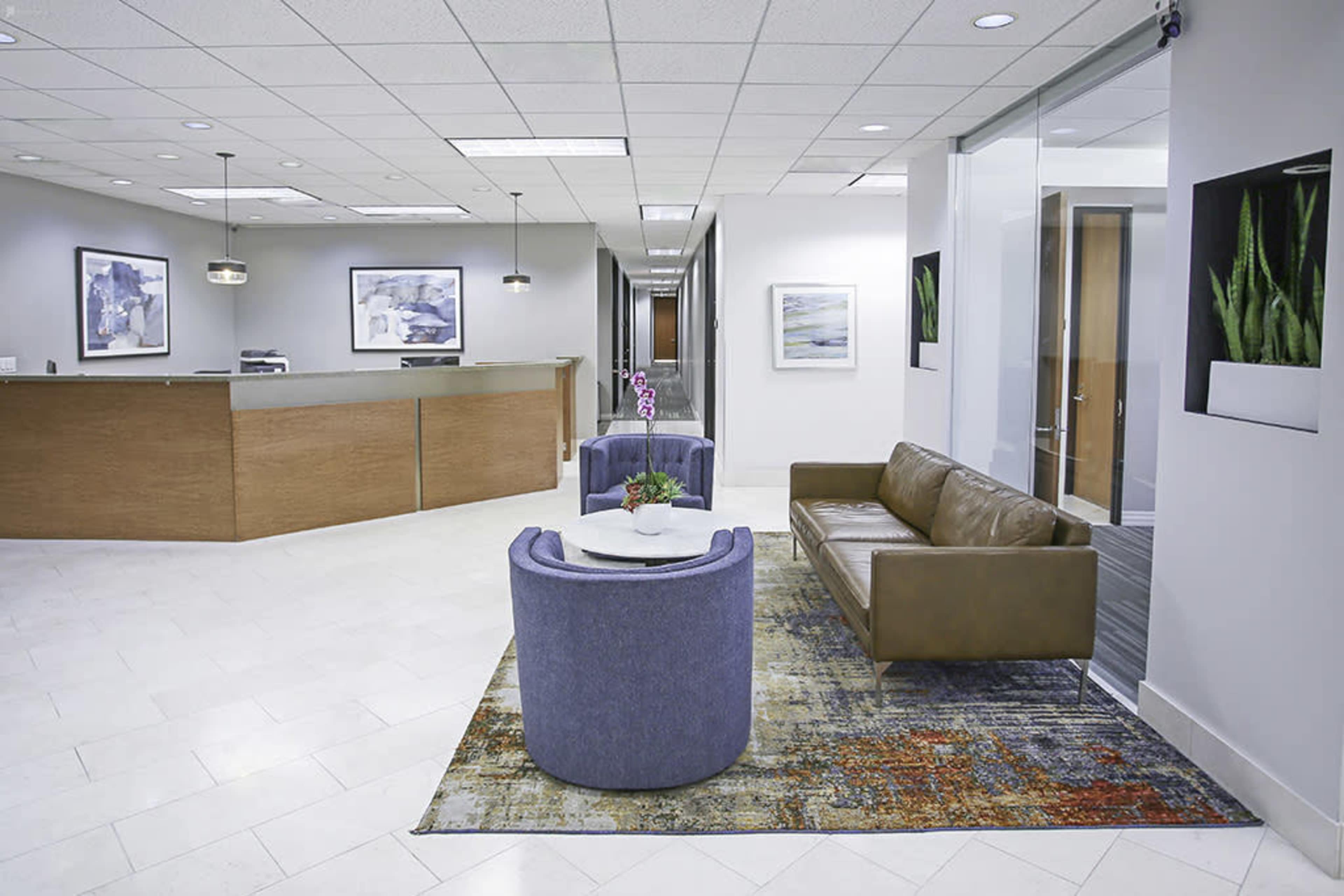 The image shows a modern office reception area featuring a seating arrangement with two chairs and a sofa, a decorative rug, and a front desk in the background.