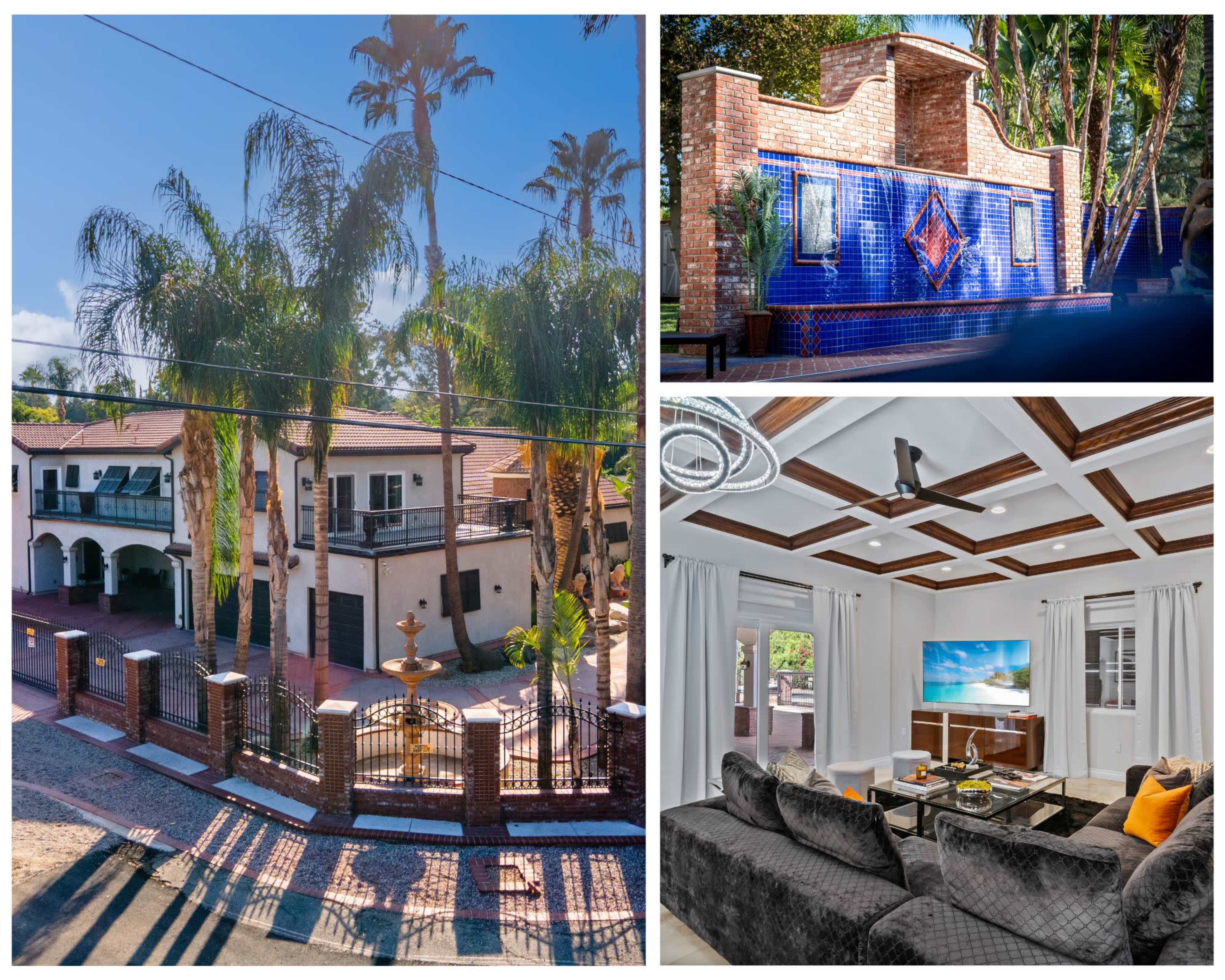 The image showcases a residential property featuring a palm-lined exterior, a decorative tiled structure, and a modern interior living room with coffered ceilings.