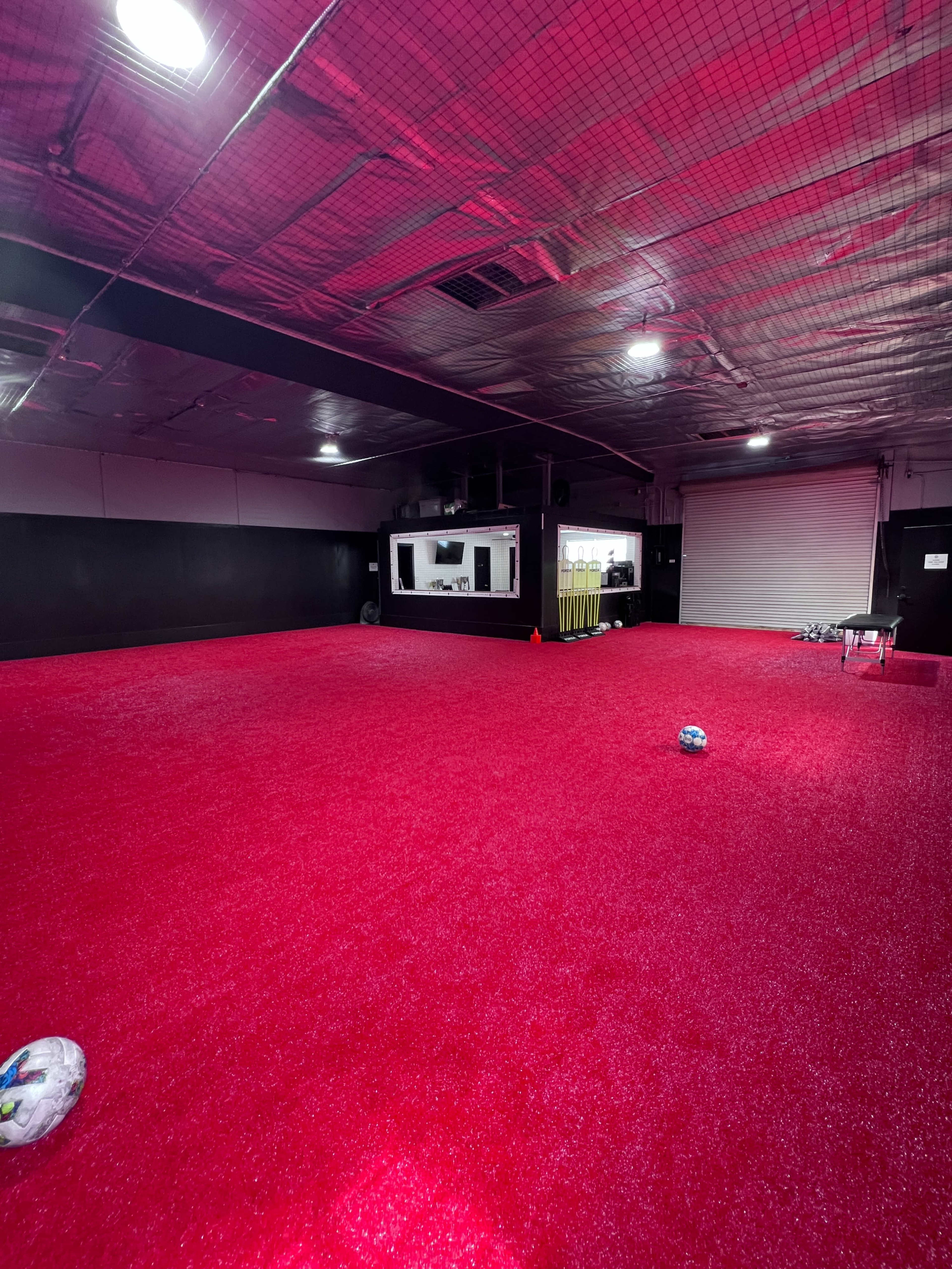 The image shows a large indoor space with bright pink carpet covering the floor and minimal furnishings along the walls.