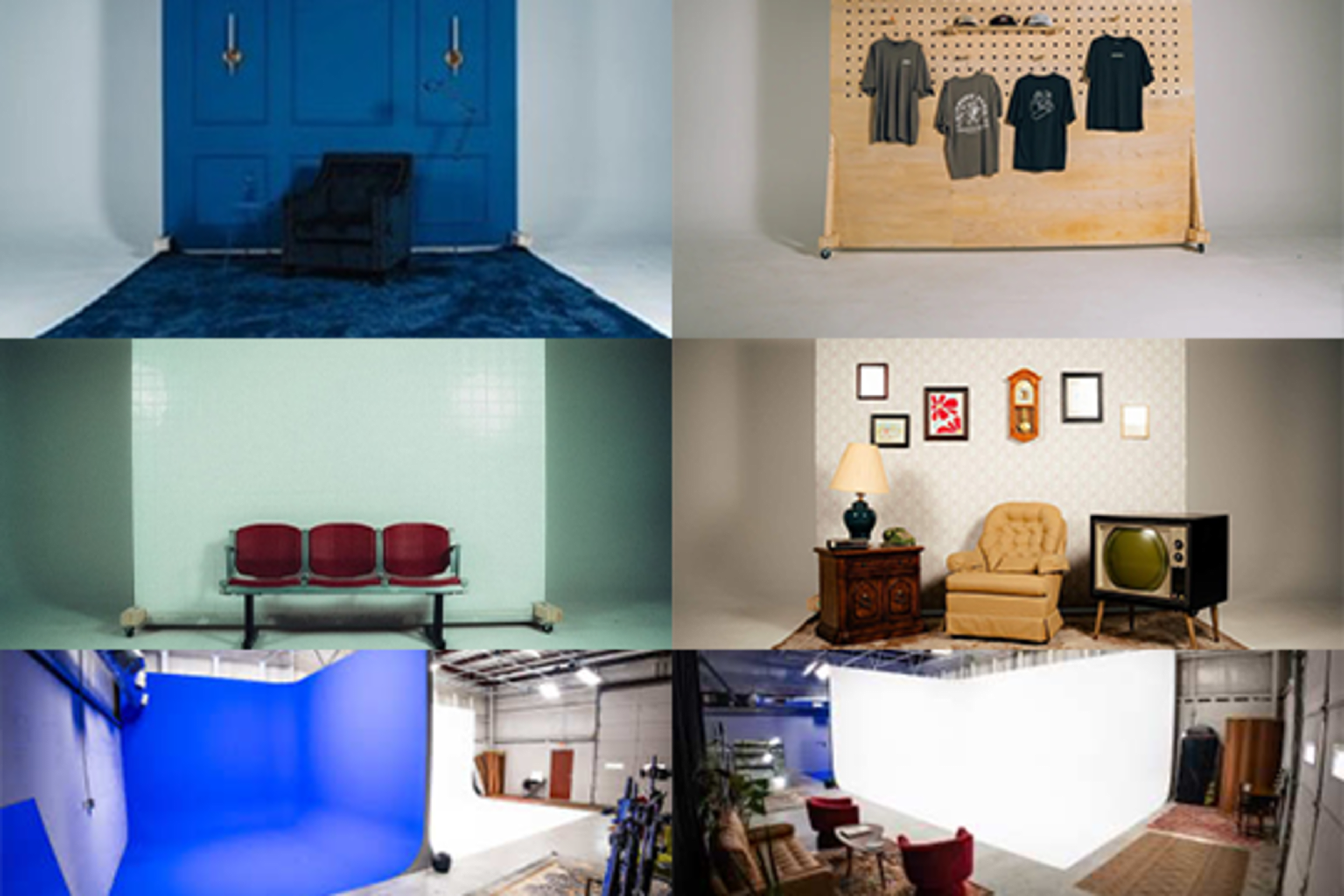 The image features various photography studio setups, including a blue wall with a chair, a clothing display on a wooden backdrop, empty seating, a retro living room scene, and two blank studio spaces in blue and white.