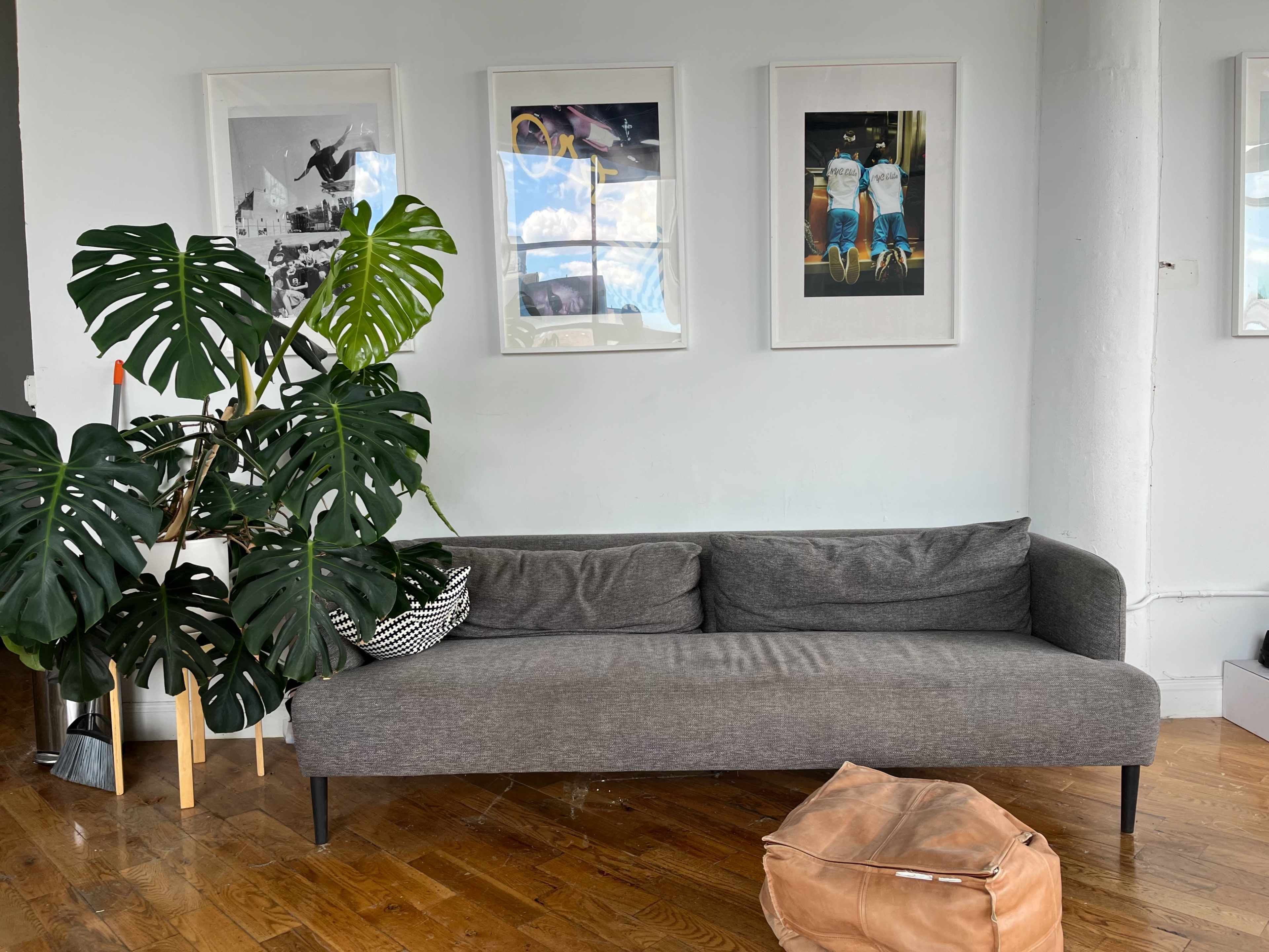 A gray sofa sits against a wall adorned with three framed artworks, accompanied by a large green plant and a brown leather pouf on a wooden floor.