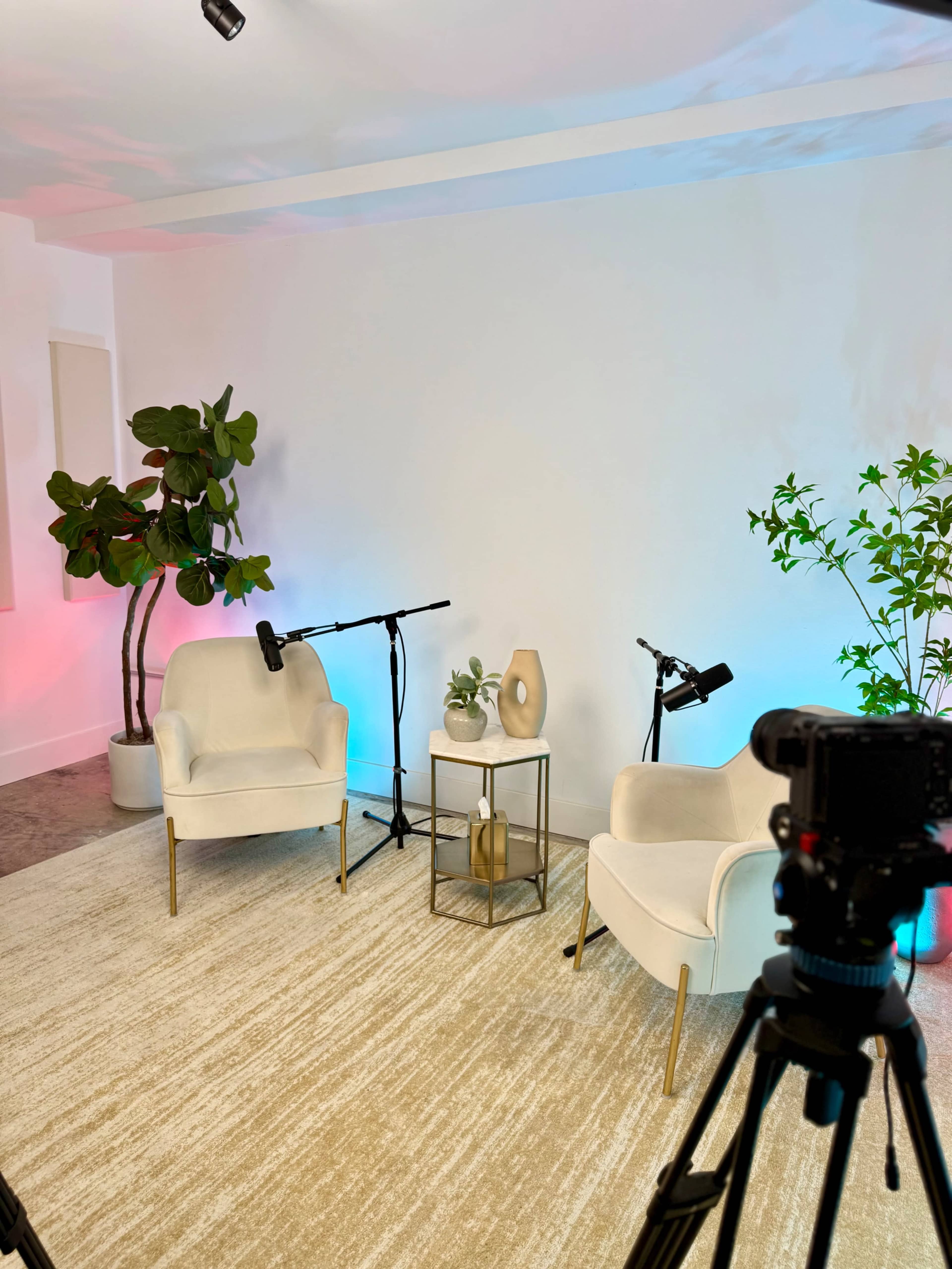 The image shows a podcast or interview setup featuring two white chairs, a small table with decorative items, and microphones on stands, surrounded by indoor plants against a softly lit background.