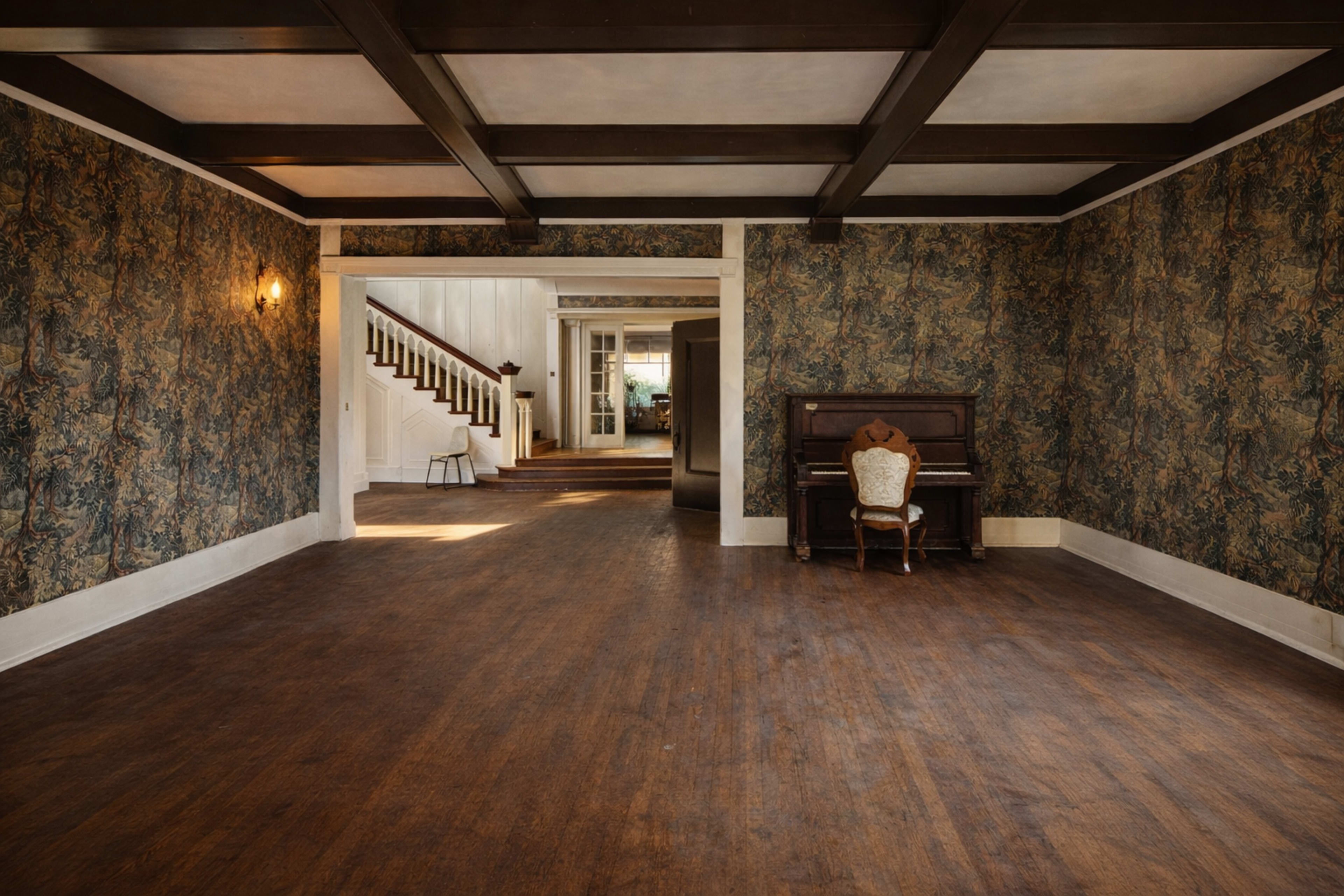 The image shows an empty room with patterned wallpaper, wooden beams on the ceiling, and a piano in one corner.
