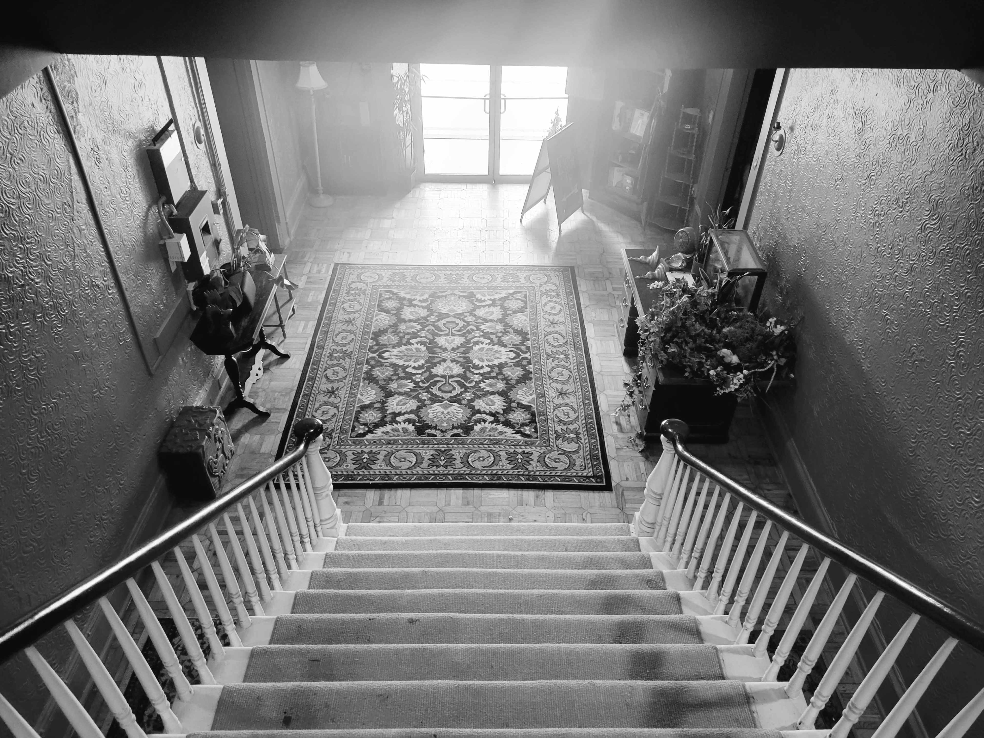 The image shows a staircase descending into a well-lit foyer featuring a patterned rug and multiple decorative elements.