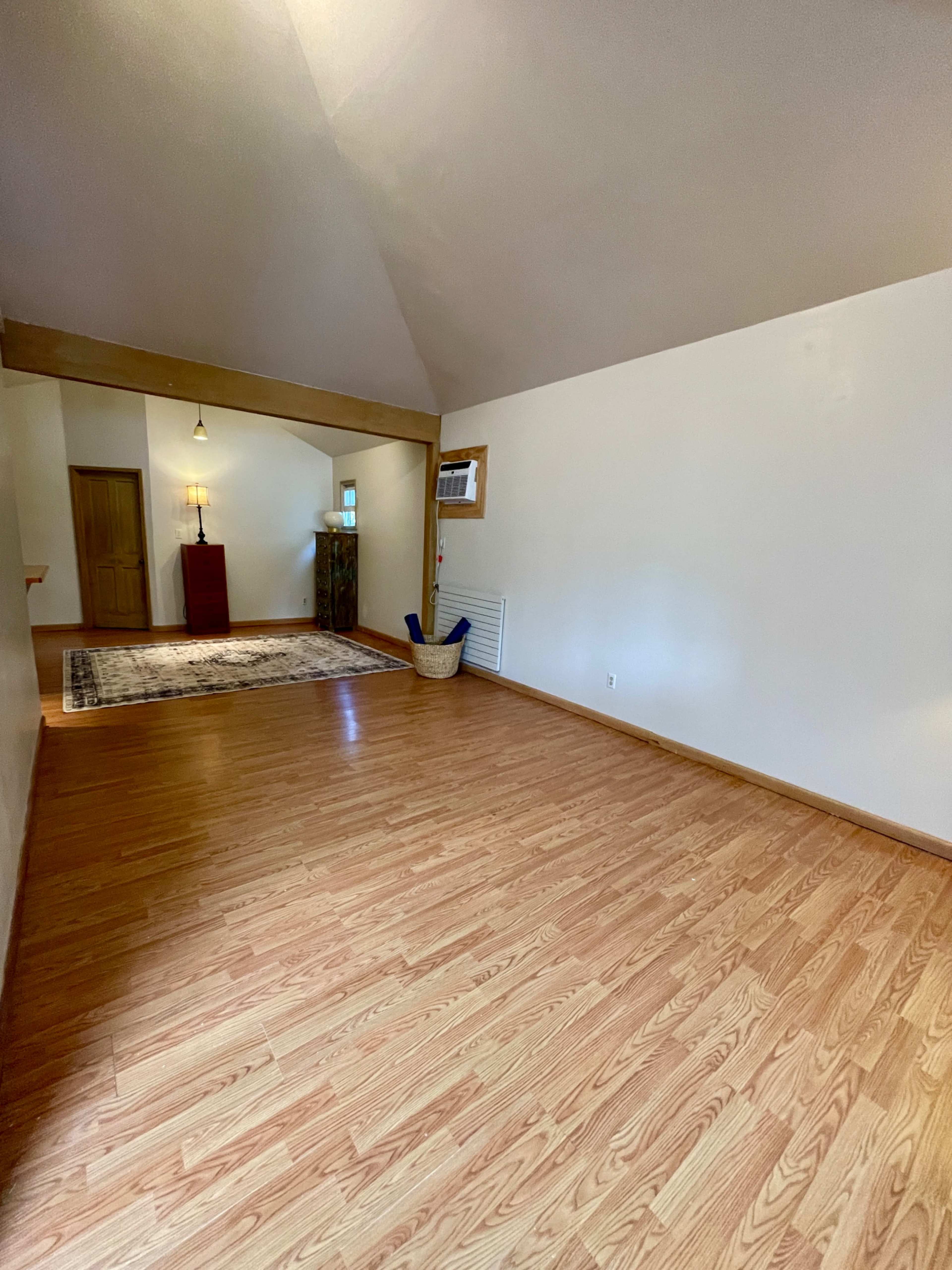 The image shows a spacious, empty room with wooden flooring, a high ceiling, and a small area rug in the background.