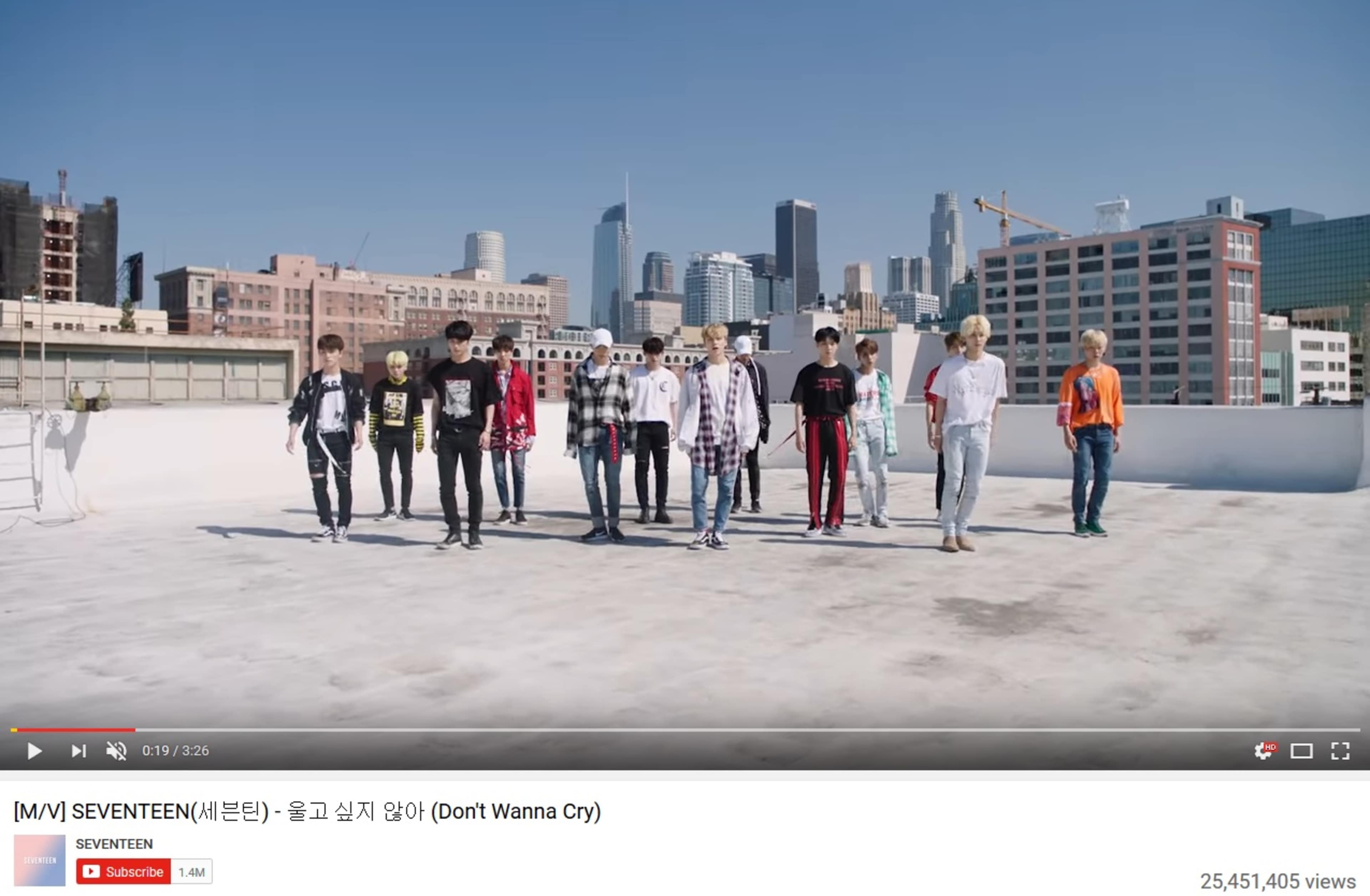 A group of twelve performers stands on a rooftop with a city skyline in the background.
