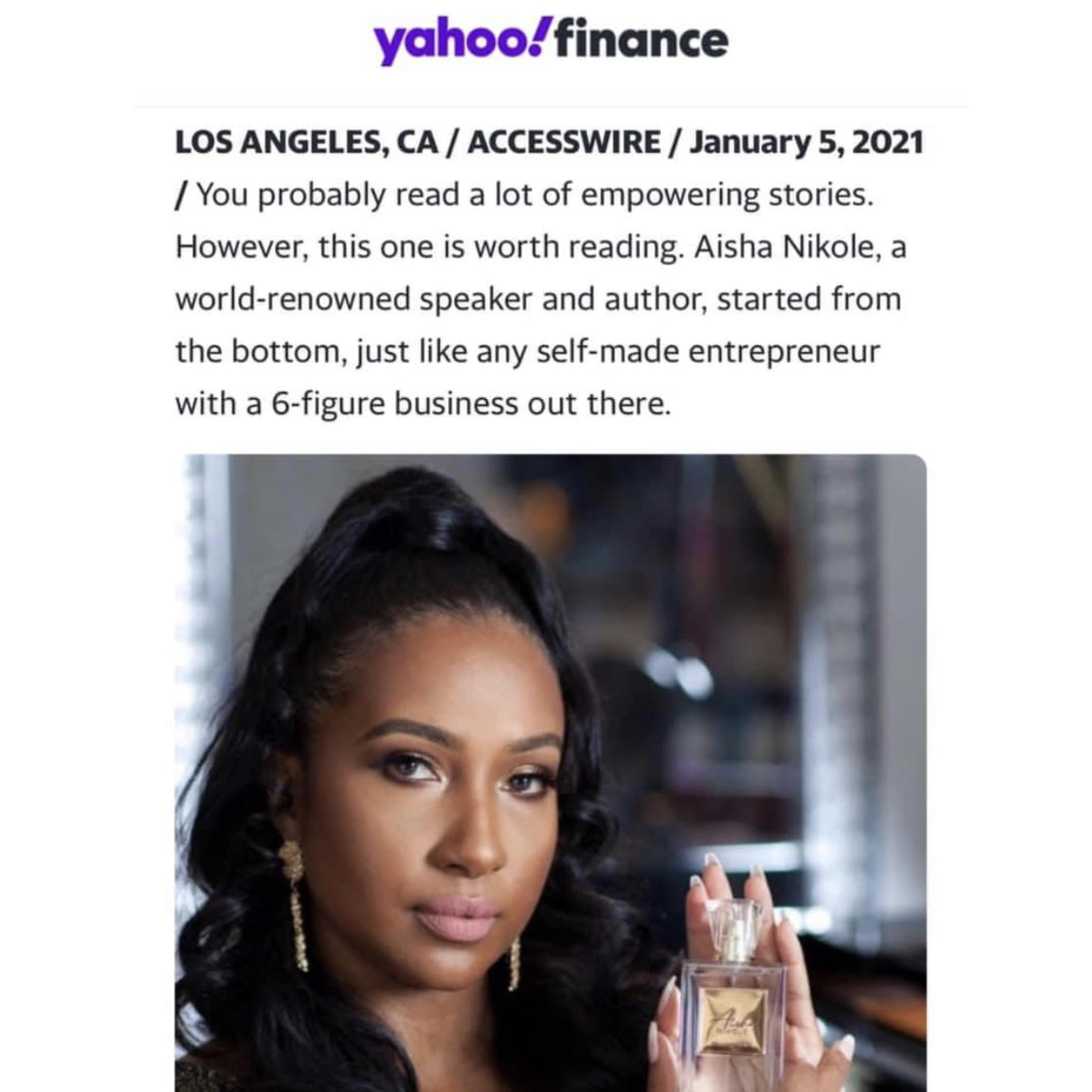 An article titled from Yahoo Finance featuring Aisha Nikole, a speaker and entrepreneur, holding a perfume bottle.