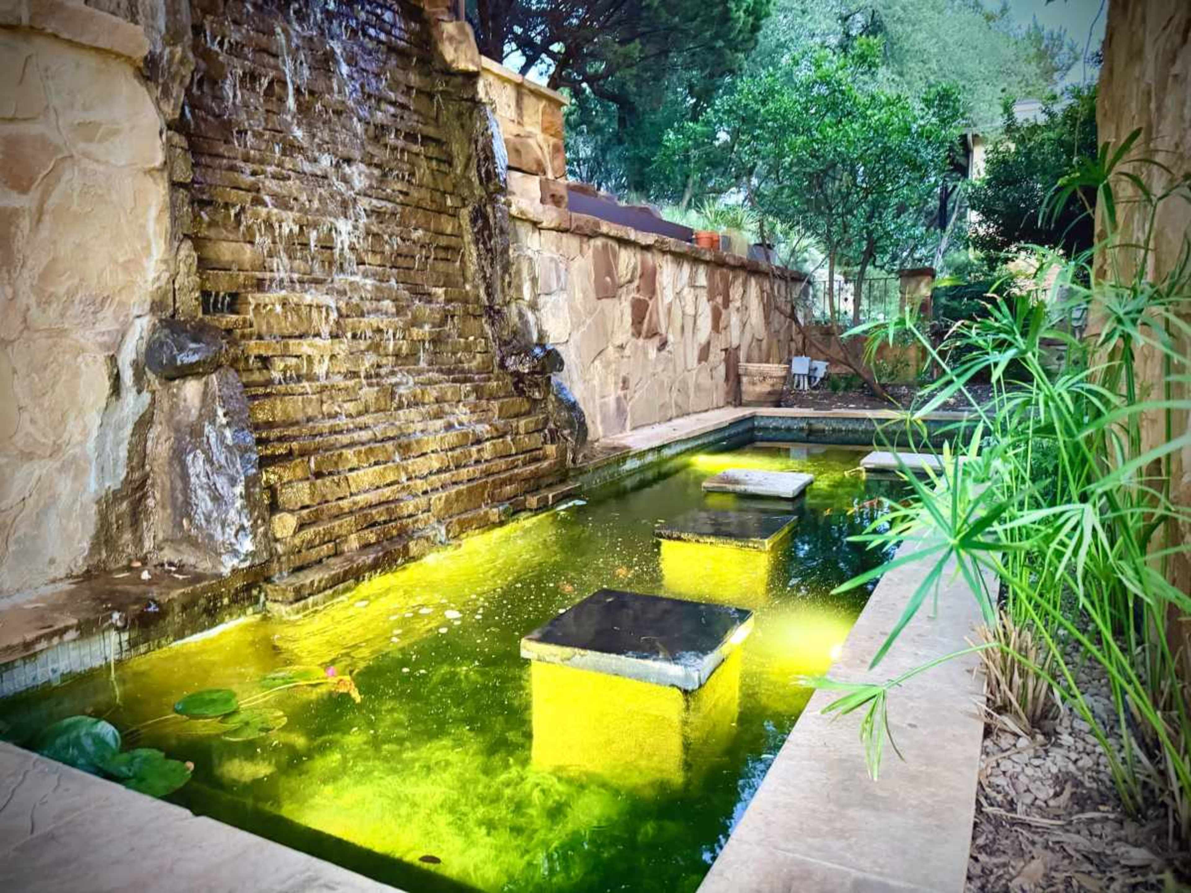 The image shows a stone water feature with a waterfall flowing into a green-tinted pond, surrounded by lush vegetation and stone pathways.