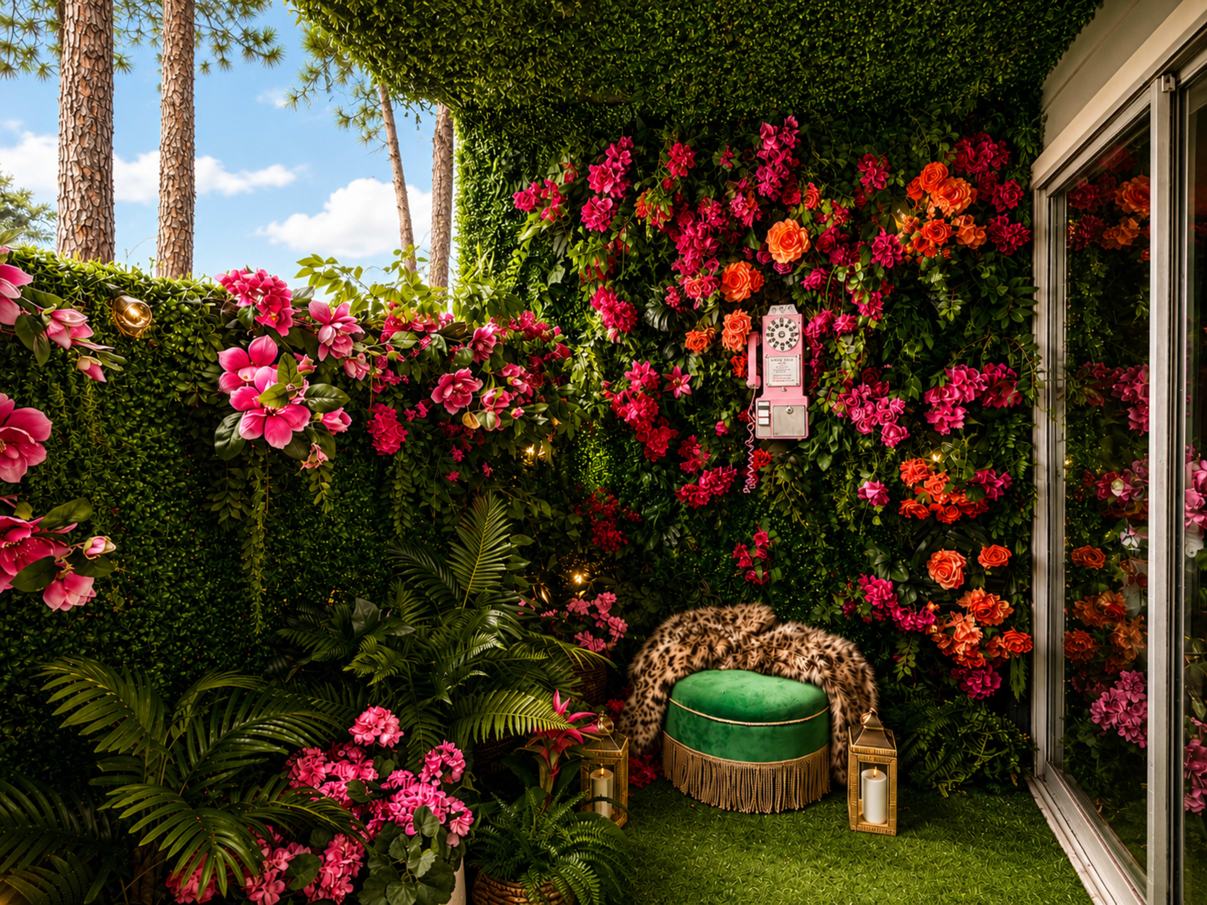 The image features a vibrant corner decorated with a wall of colorful flowers and lush greenery, complemented by a cozy seating area and decorative lanterns.
