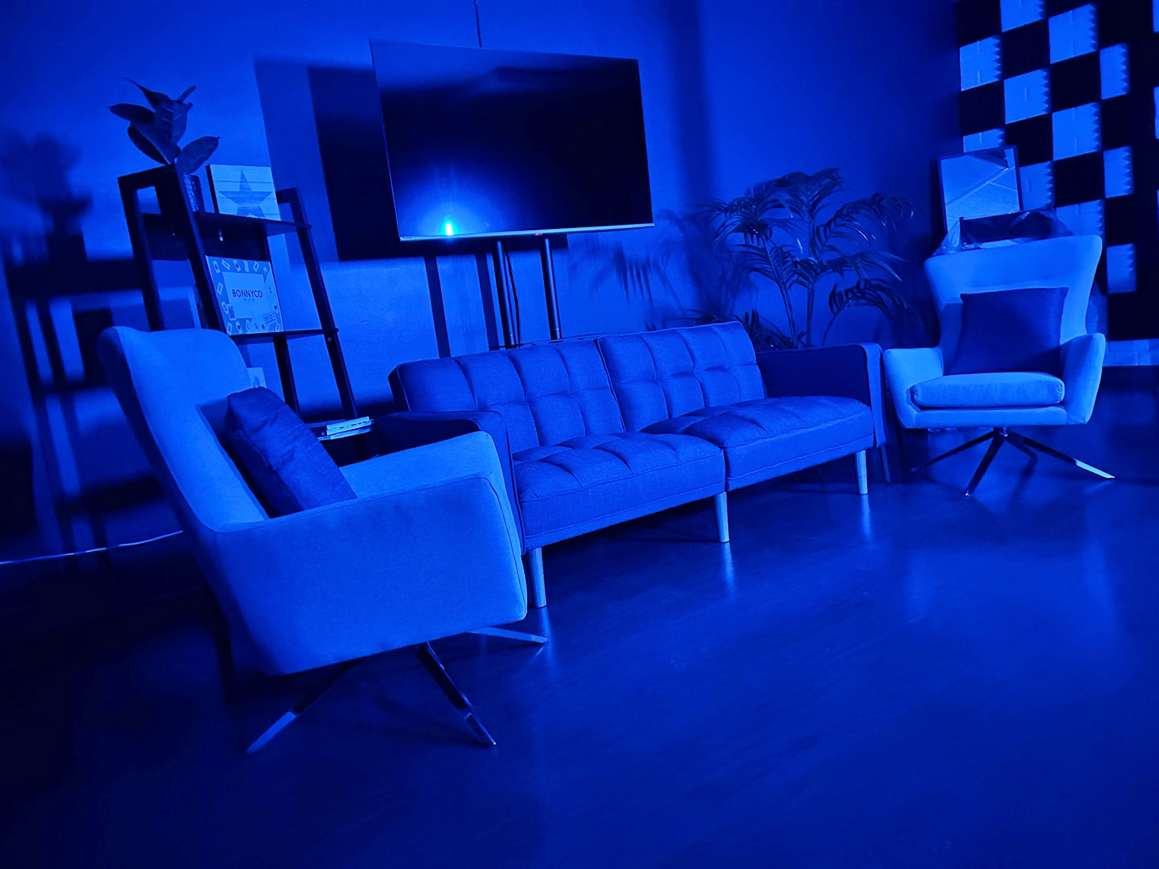 A modern living room features a blue-toned couch and armchairs, a television, and decorative plants against a dark blue wall.