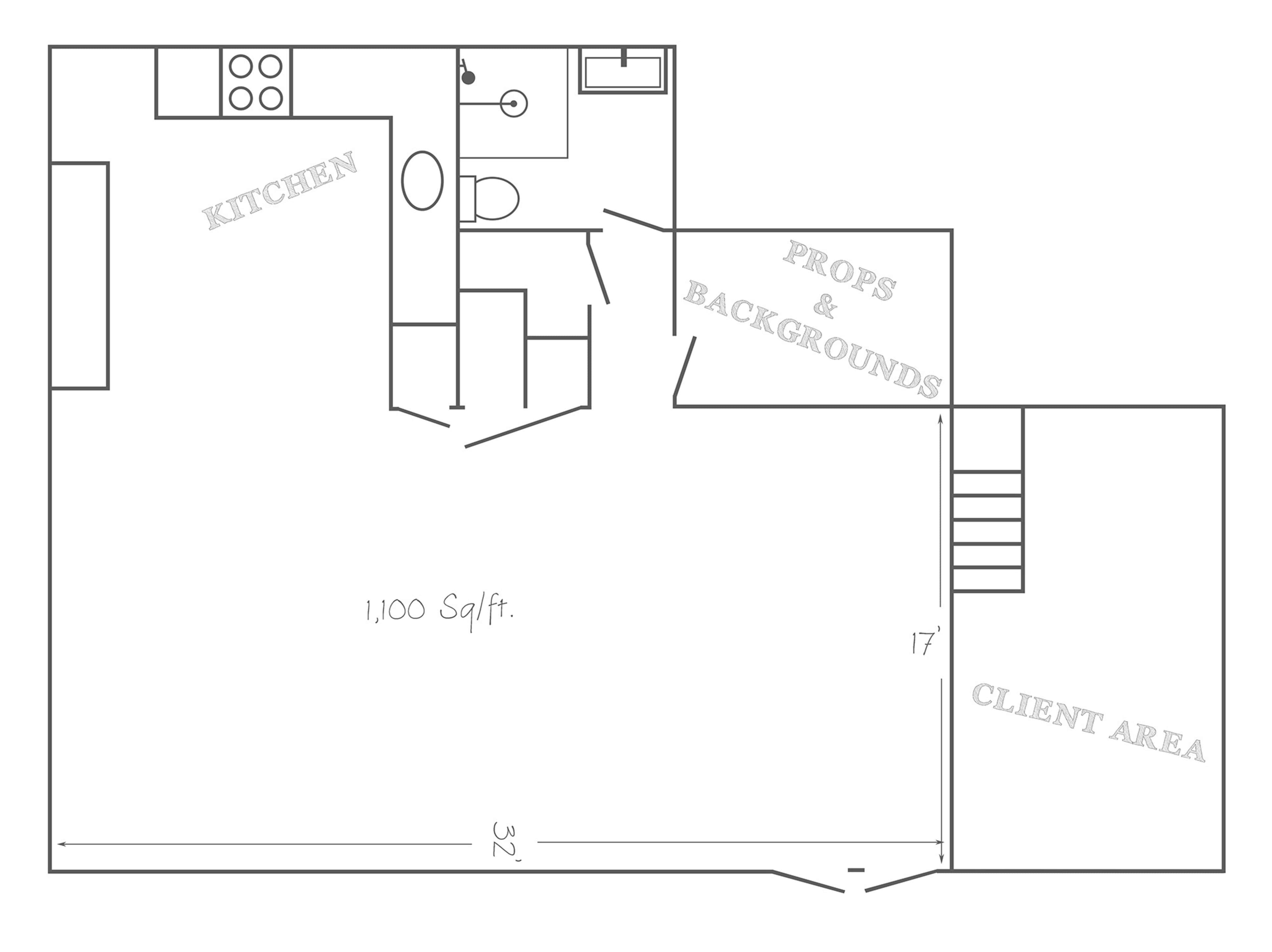 The diagram depicts a simplified floor plan of a space labeled with a kitchen, client area, and dimensions.