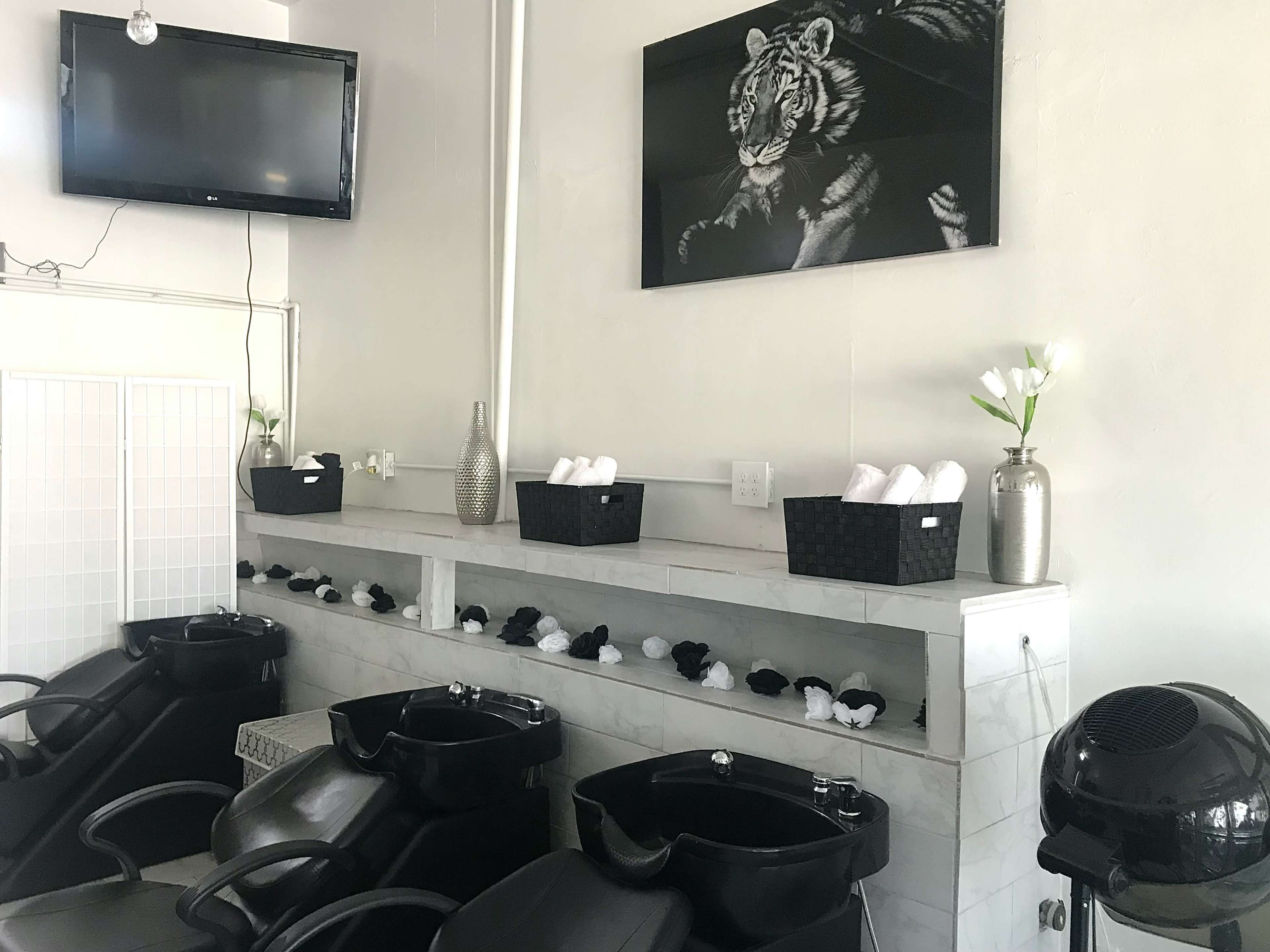 A salon interior with black shampoo bowls, a large wall-mounted TV, decorative baskets, and a wall art featuring a tiger.