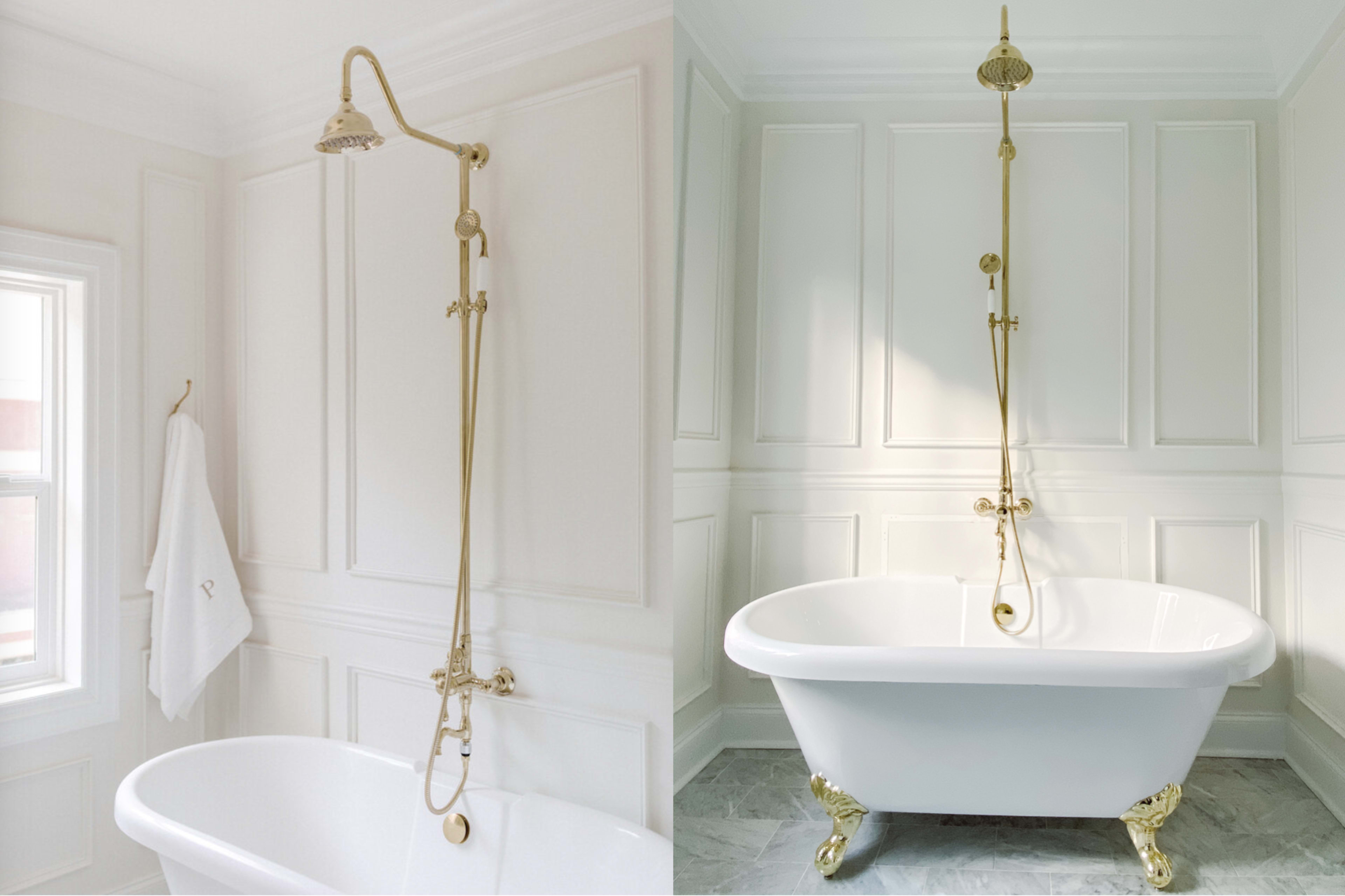A bathroom featuring a freestanding white bathtub with a gold vintage-style faucet and showerhead against paneled walls.