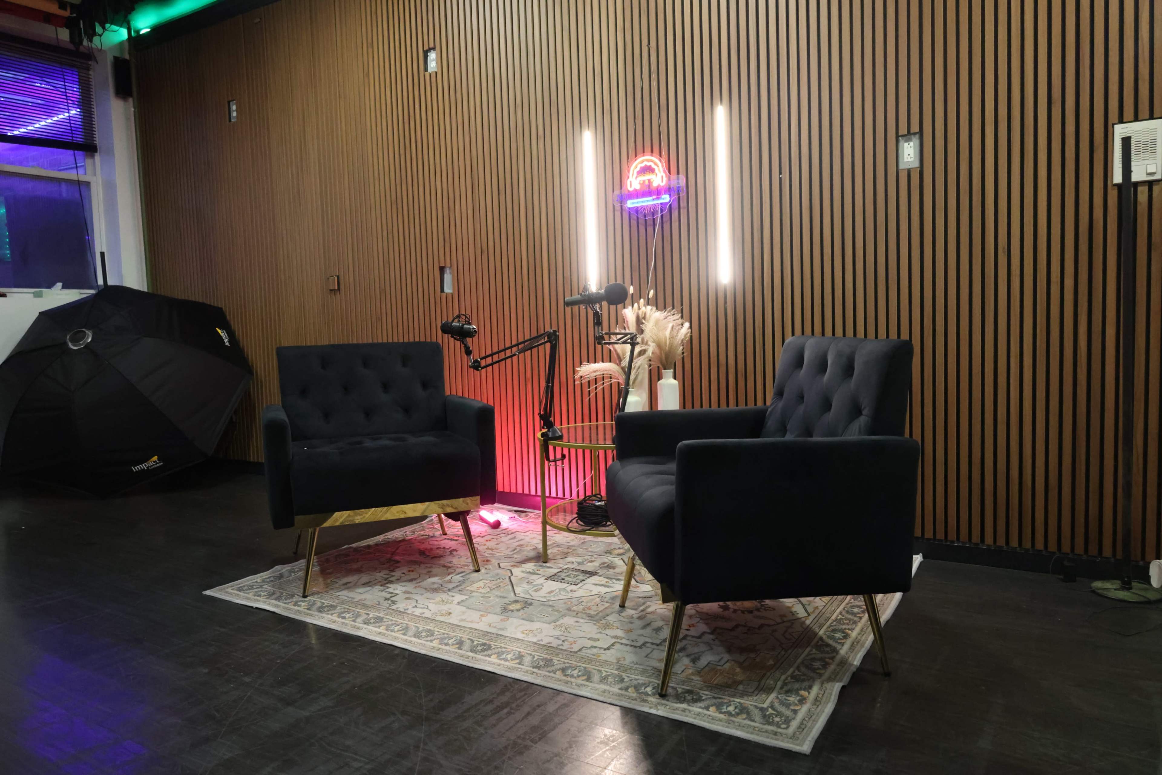 The image shows a modern interior space with two dark upholstered chairs, a microphone on a stand, and decorative elements like a neon sign and plants, set against a wooden wall.