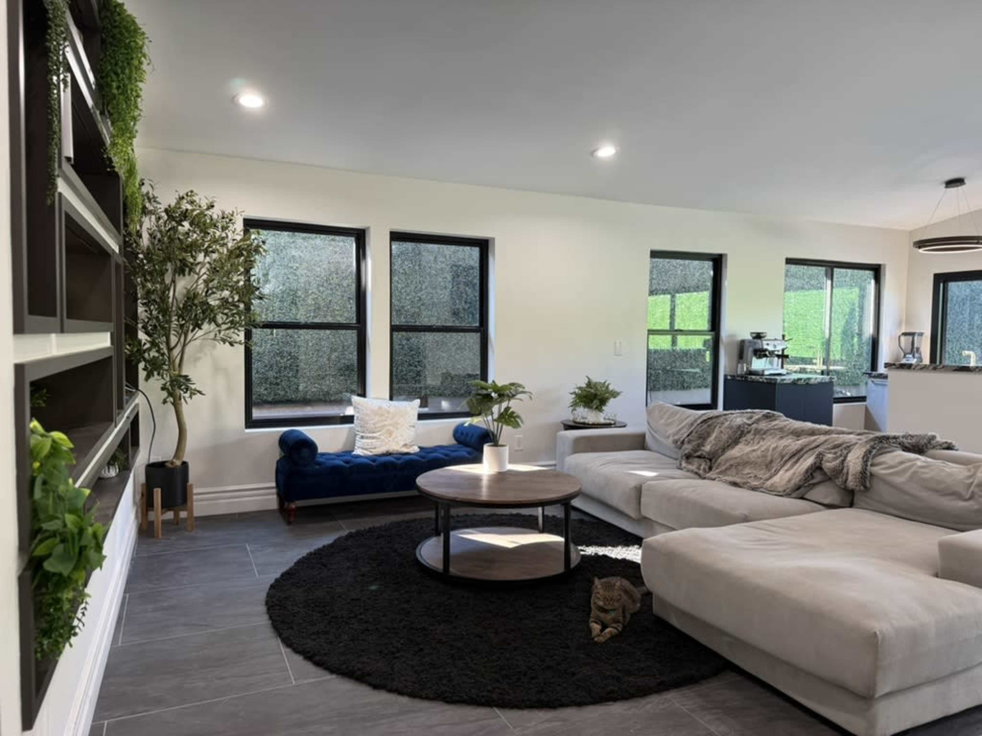 The image shows a modern living room with a sectional sofa, a round coffee table on a black rug, and windows that provide natural light.