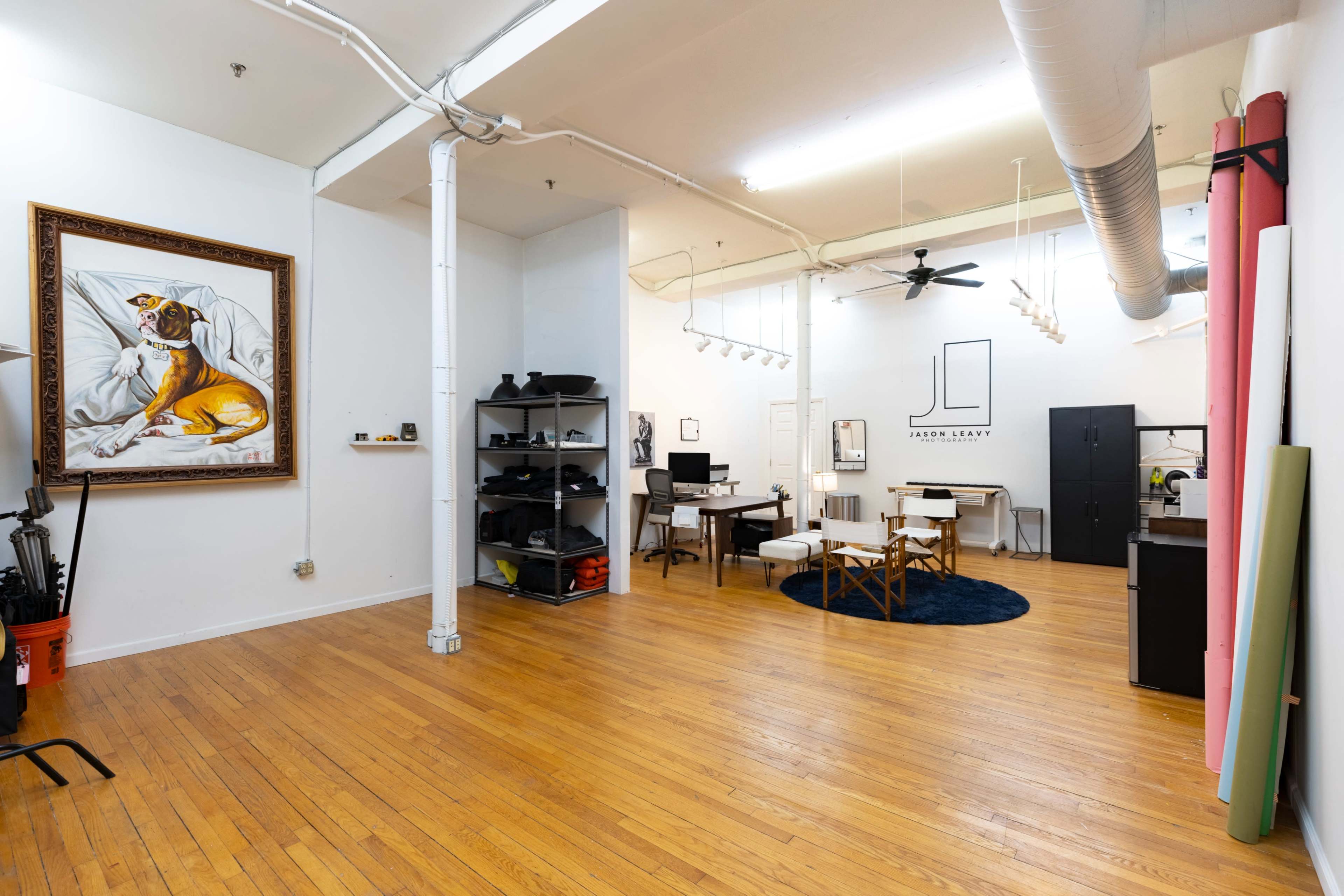 A spacious studio features wooden flooring, a large painting of a dog on the wall, a round rug, a desk setup, and various shelves with equipment.