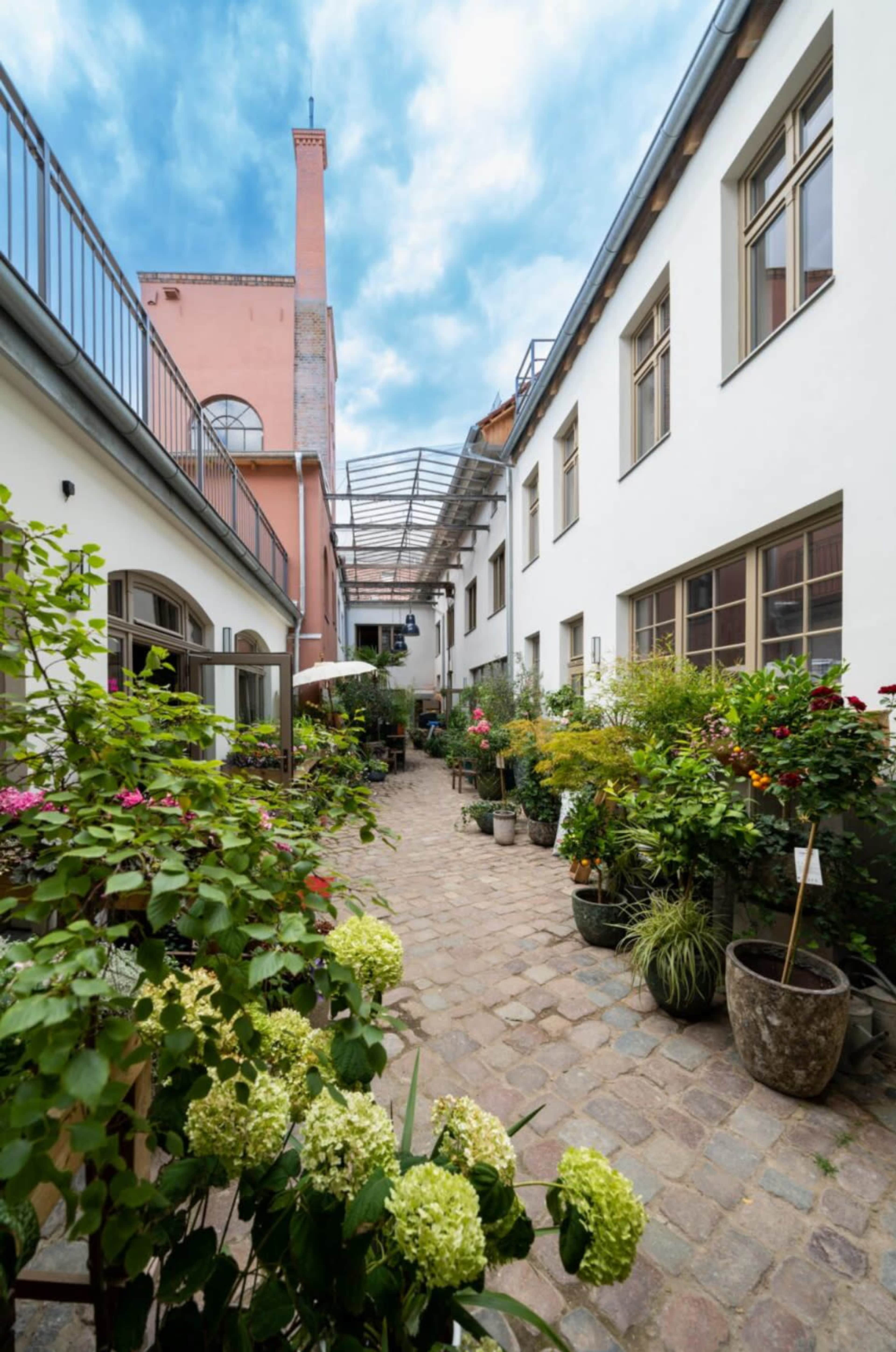 The image shows a cobblestone courtyard surrounded by white buildings, with various potted plants and flowers.