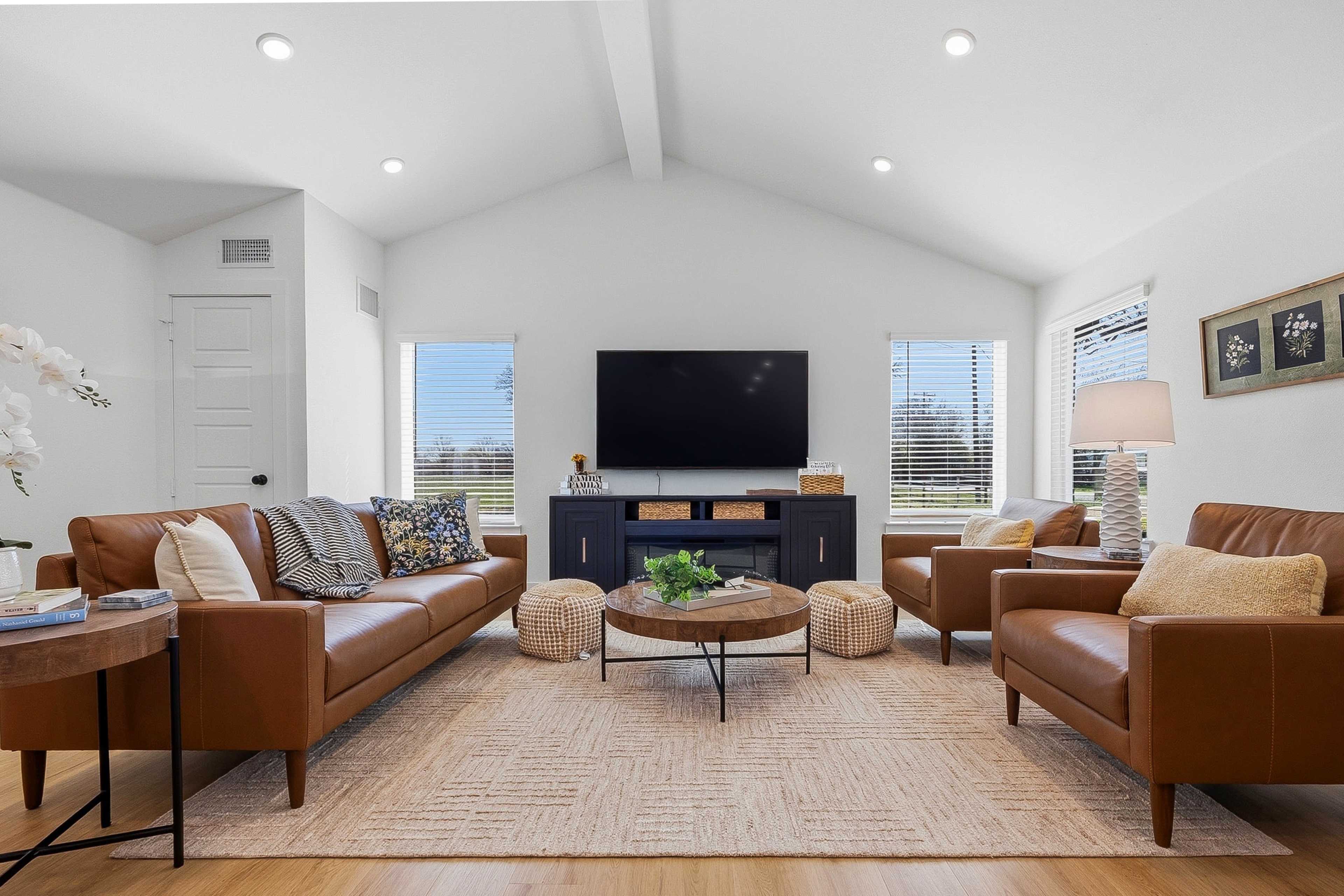A neatly arranged living room features leather sofas, a central coffee table with a plant, and a large wall-mounted TV against a light-colored backdrop.