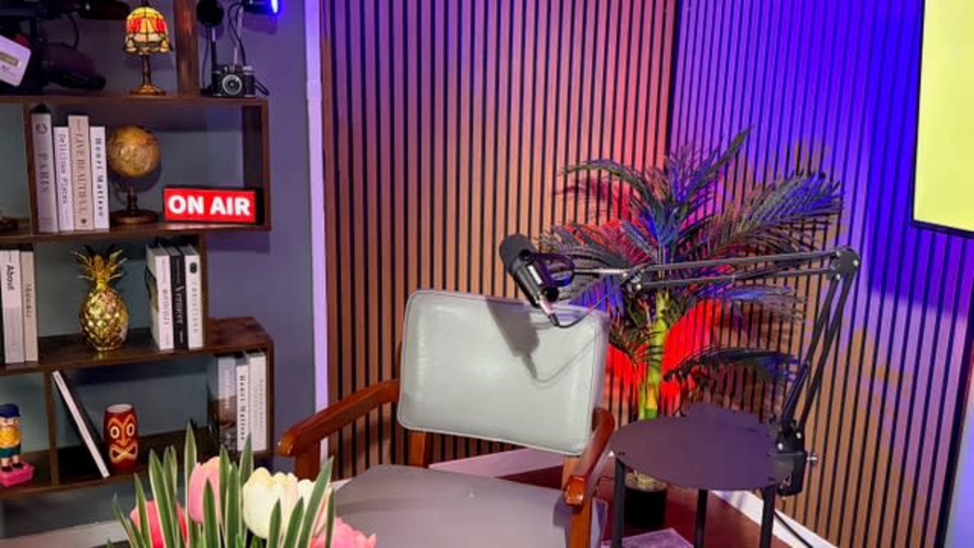 The image shows a modern podcasting setup with a microphone on an adjustable arm, a chair, a bookshelf with decor items, and colorful lighting.