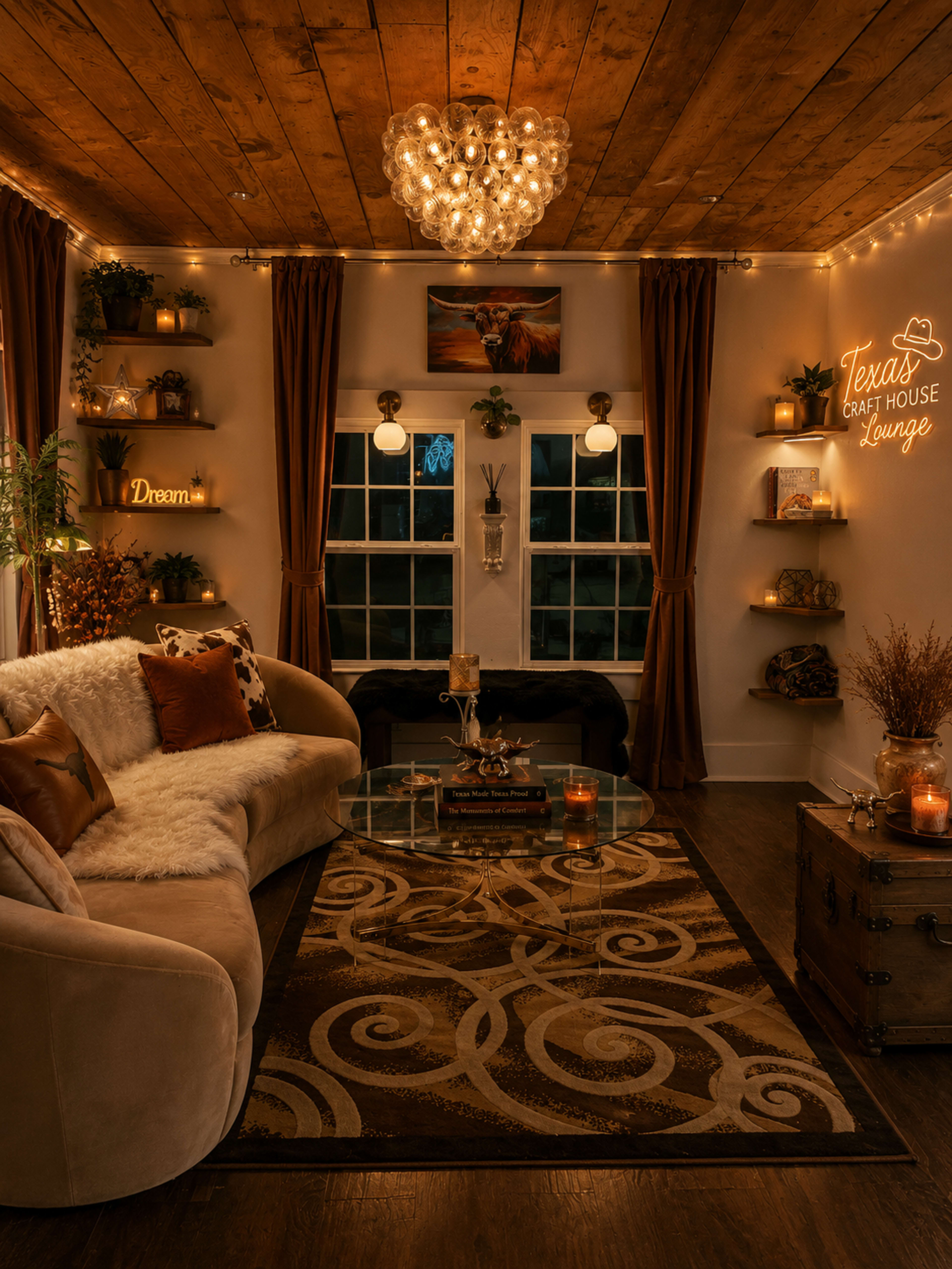 The image showcases a cozy living space featuring a plush beige sofa, a chandelier, decorative shelves, and large windows decorated with warm lighting.