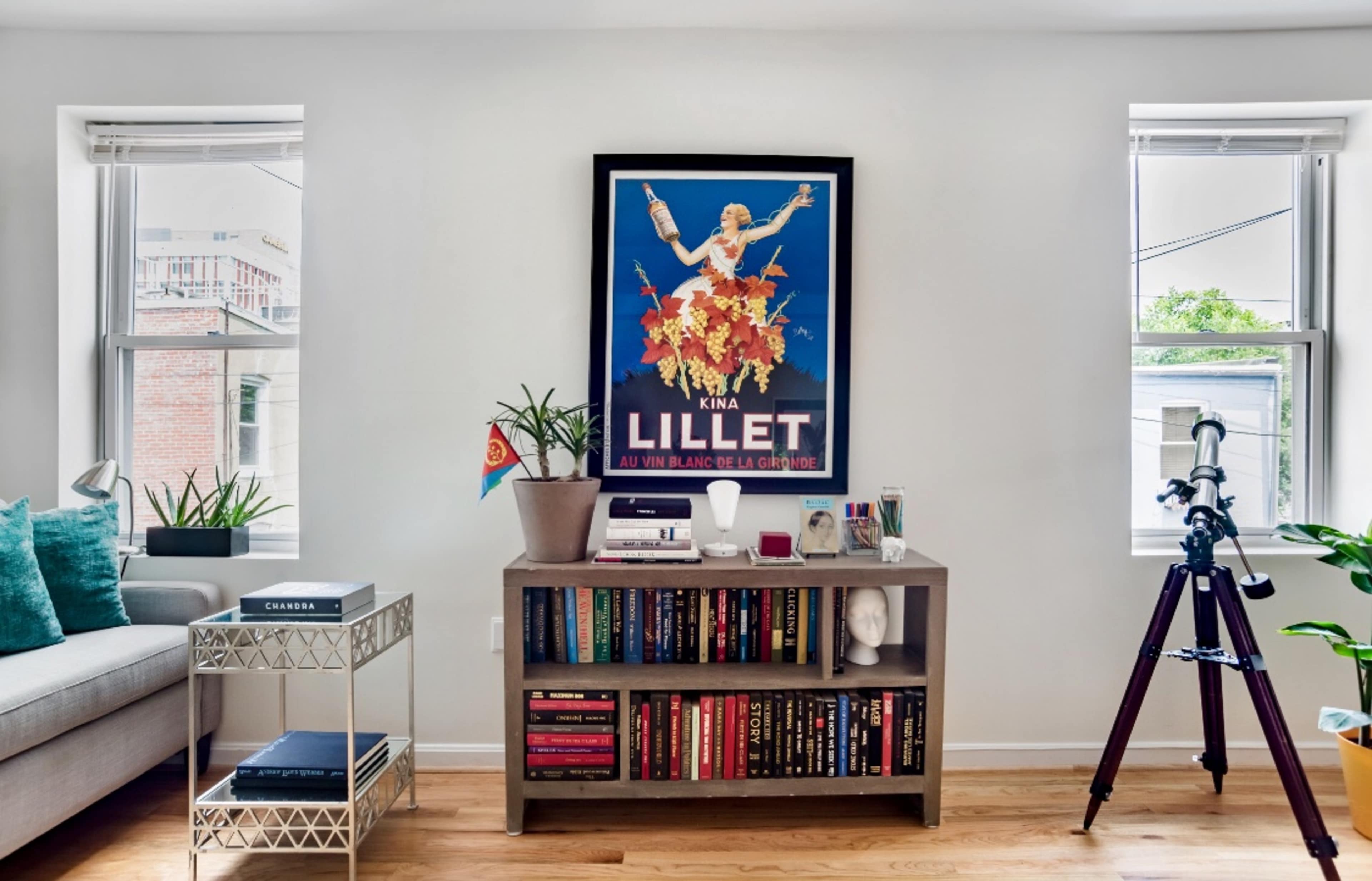 A living room features a bookshelf filled with books, a decorative plant, a telescope, and a vintage poster hanging on the wall.