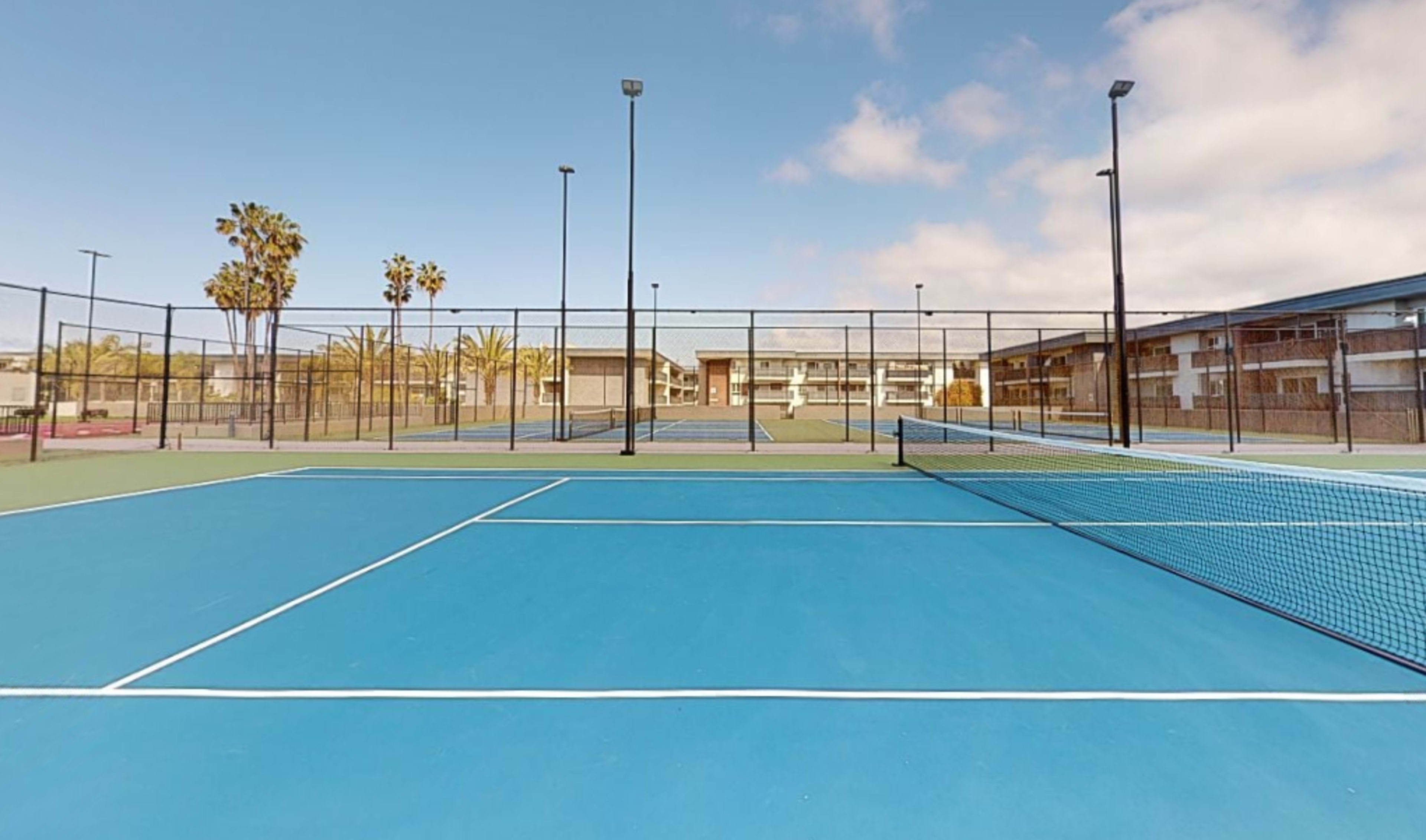 A row of tennis courts with blue surfaces and a backdrop of palm trees and buildings.