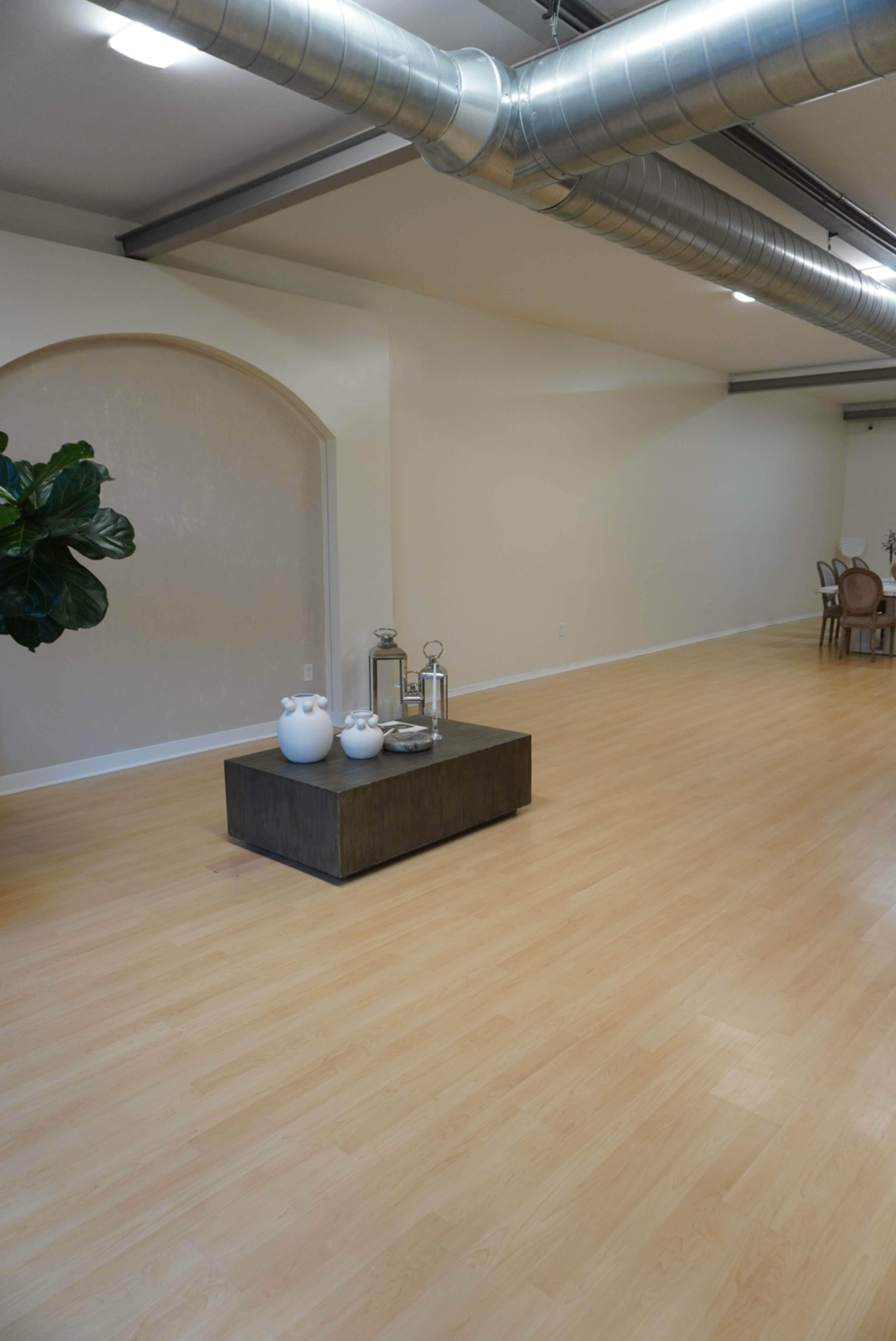 The image shows a spacious, well-lit room with light wooden flooring, a large coffee table in the center, and a potted plant in one corner.
