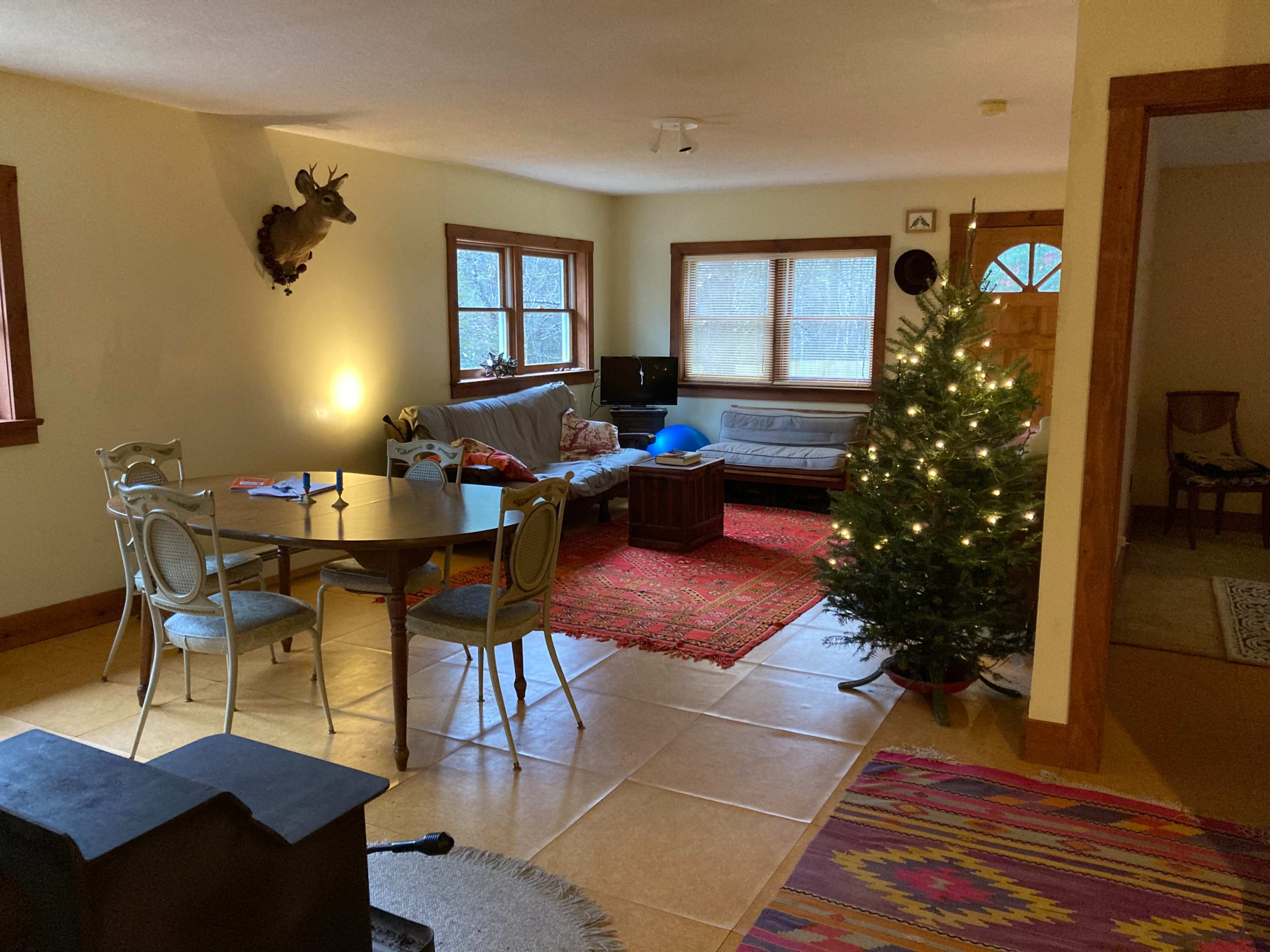 The image shows a cozy living room with a dining area, a Christmas tree, a couch, and a decorative rug on the floor.