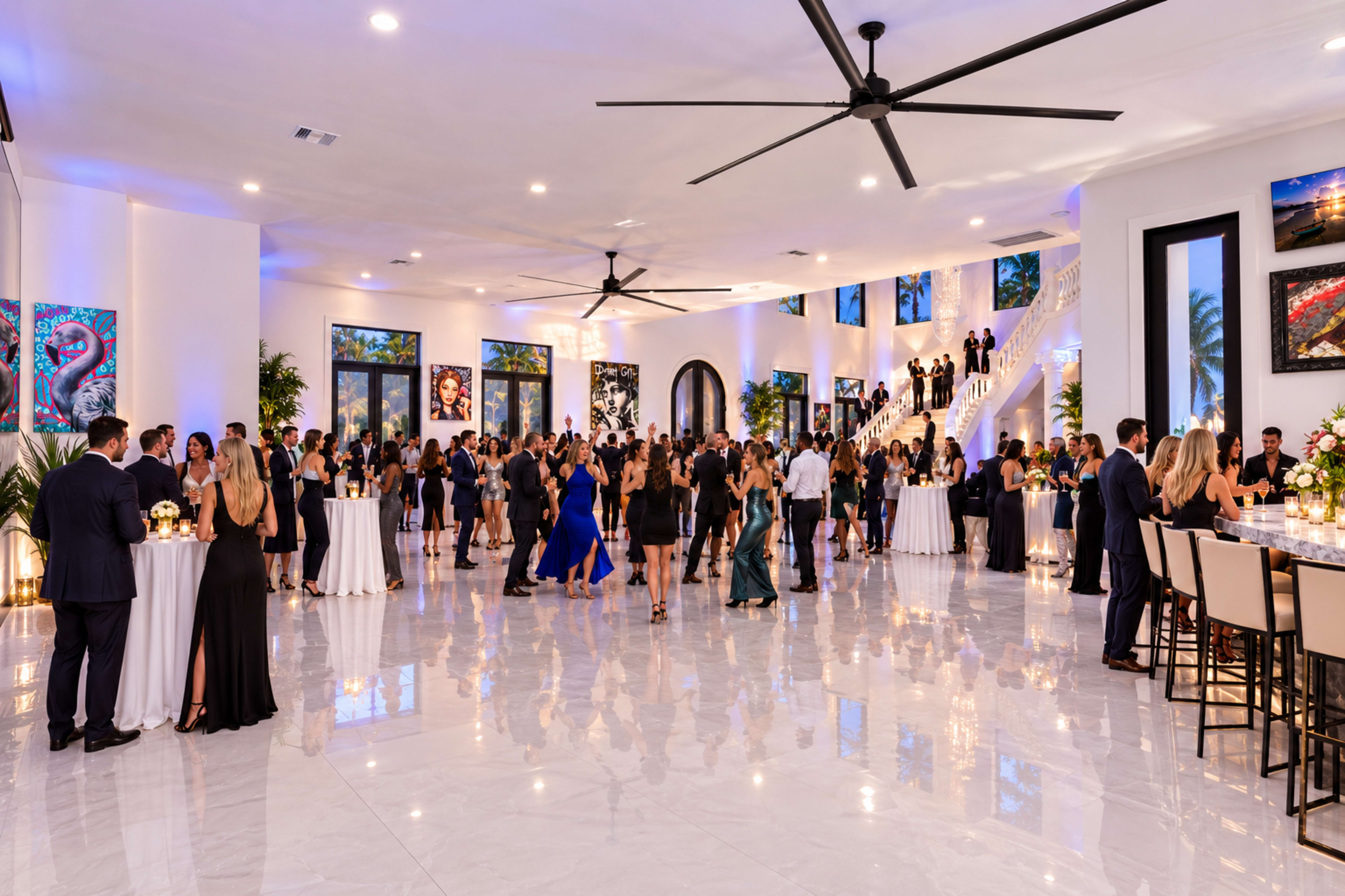 A large, elegant event space is filled with guests in formal attire, socializing and dancing amidst stylish decor and modern art.
