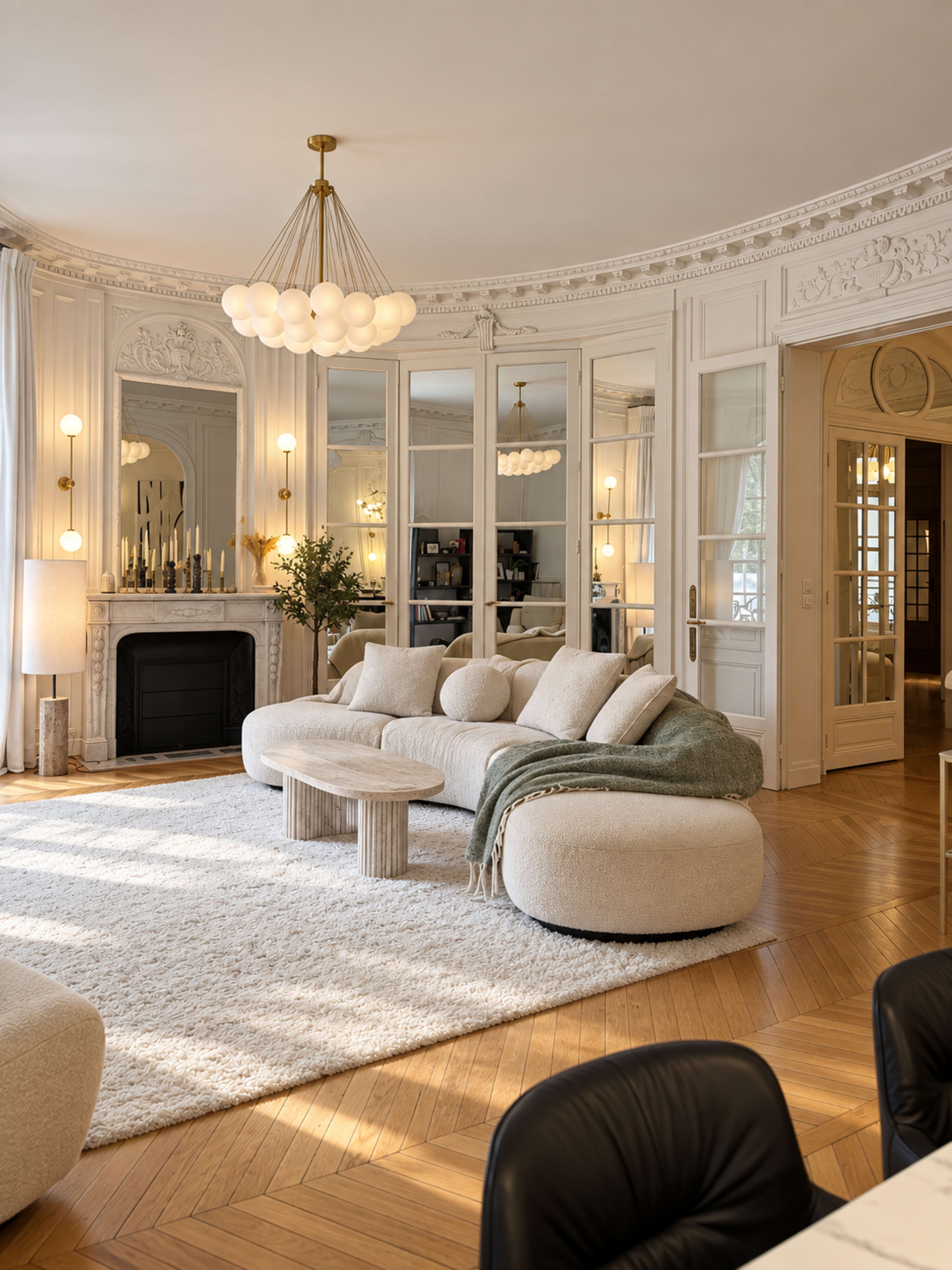 The image features a stylish living room with a curved sofa, a round coffee table, and a marble fireplace, all bathed in soft, warm light from modern fixtures.