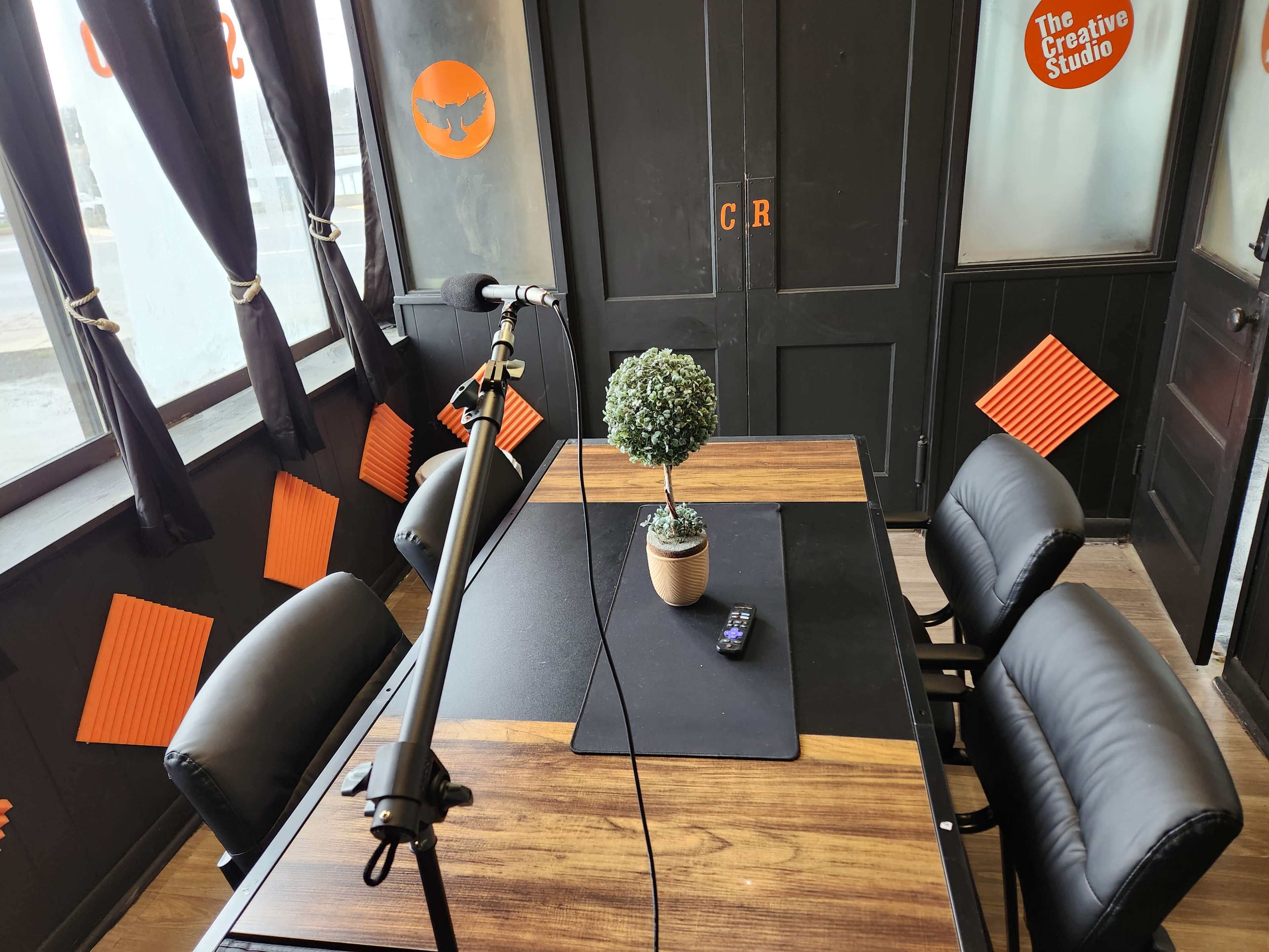 A small recording studio with a table, four black chairs, a microphone on a stand, and a potted plant in the center.