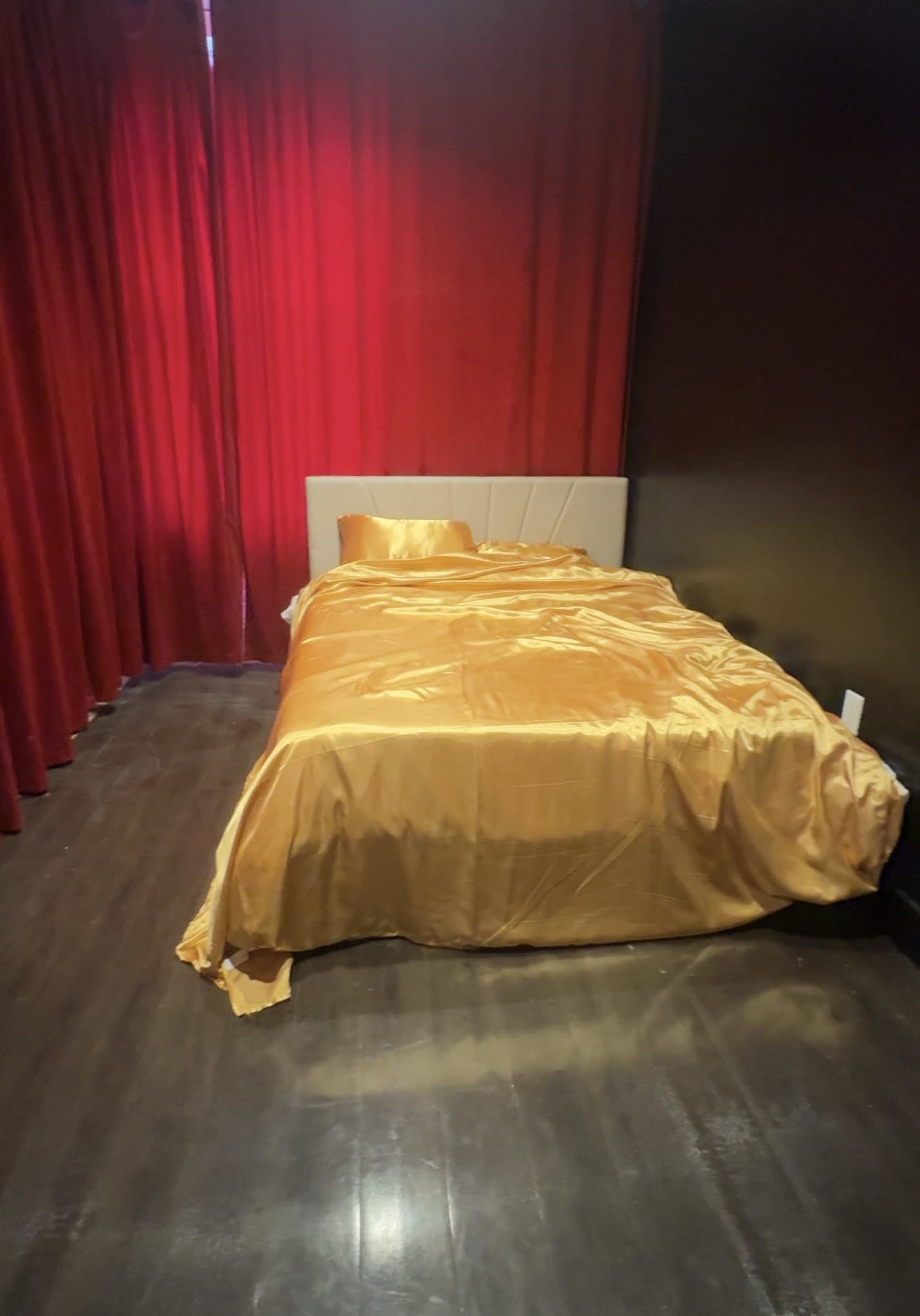 A bed with a gold satin comforter and matching pillow sits in a dimly lit room with red curtains.