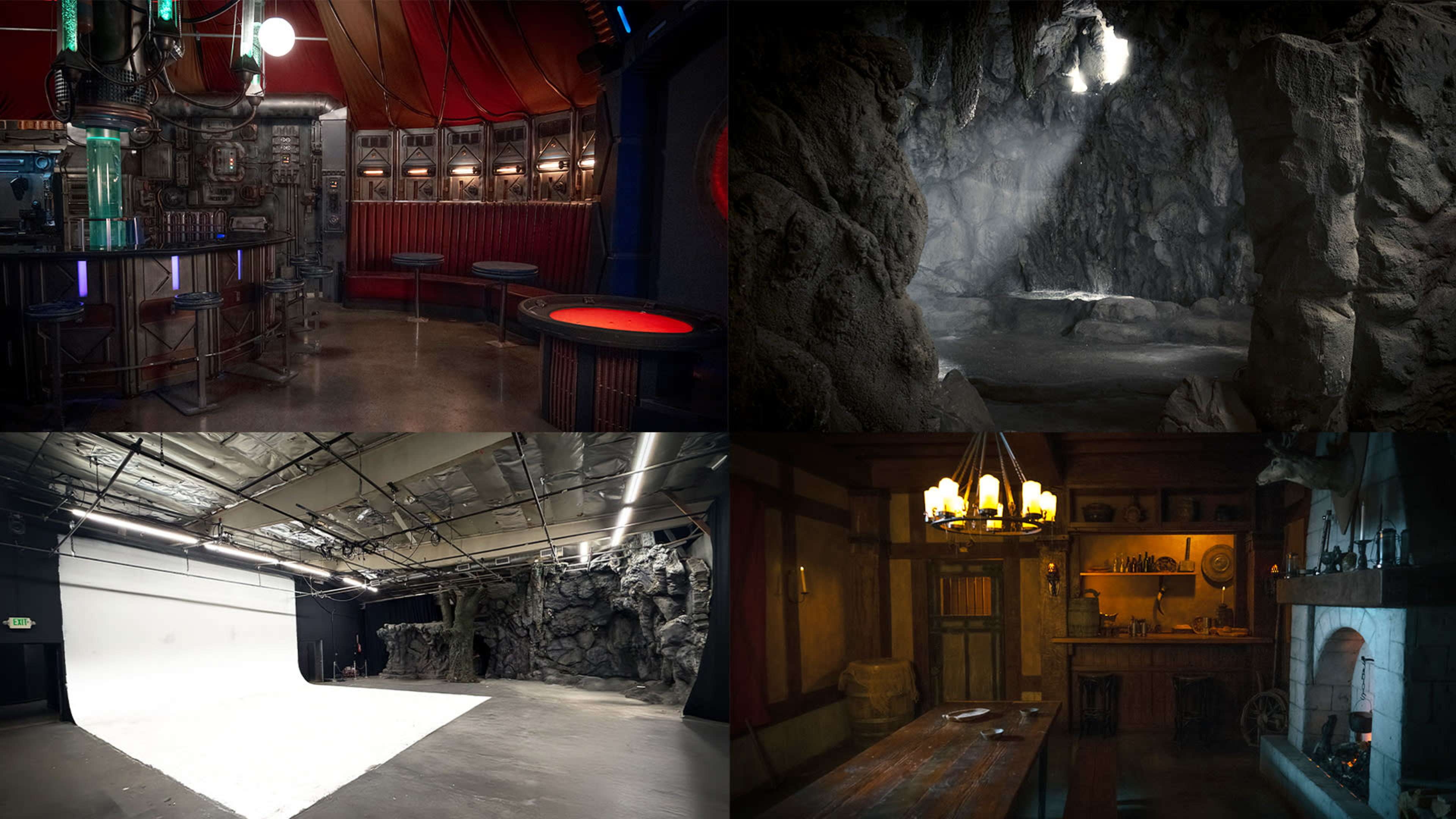 The image shows four different interior scenes: a futuristic bar with high-tech equipment, a dark cave with a light source, a blank studio space for filming, and a rustic room with a wooden table and a fireplace.