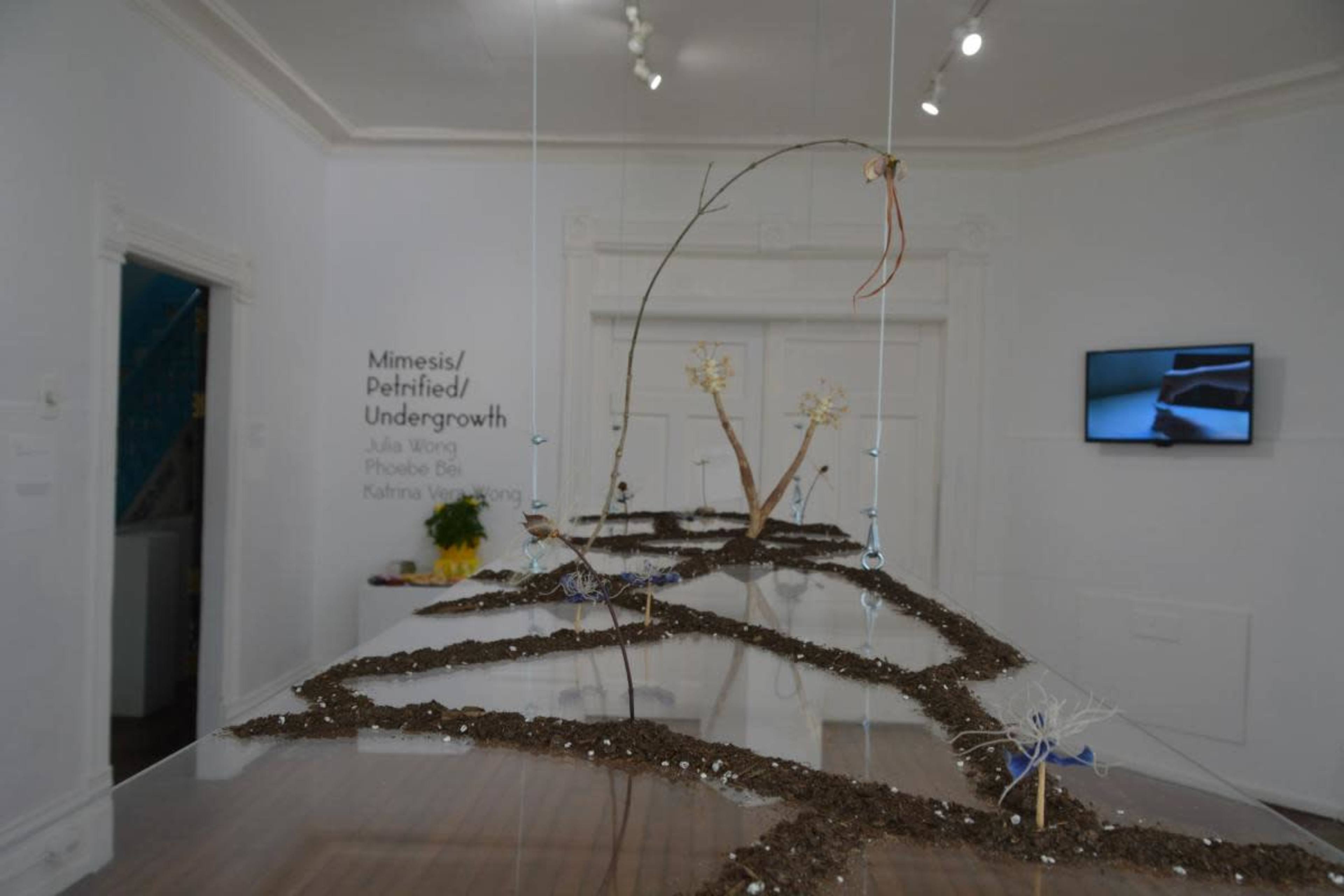 An art installation featuring paths made of dirt and branches, with small sculptures placed along the lines in a gallery space.