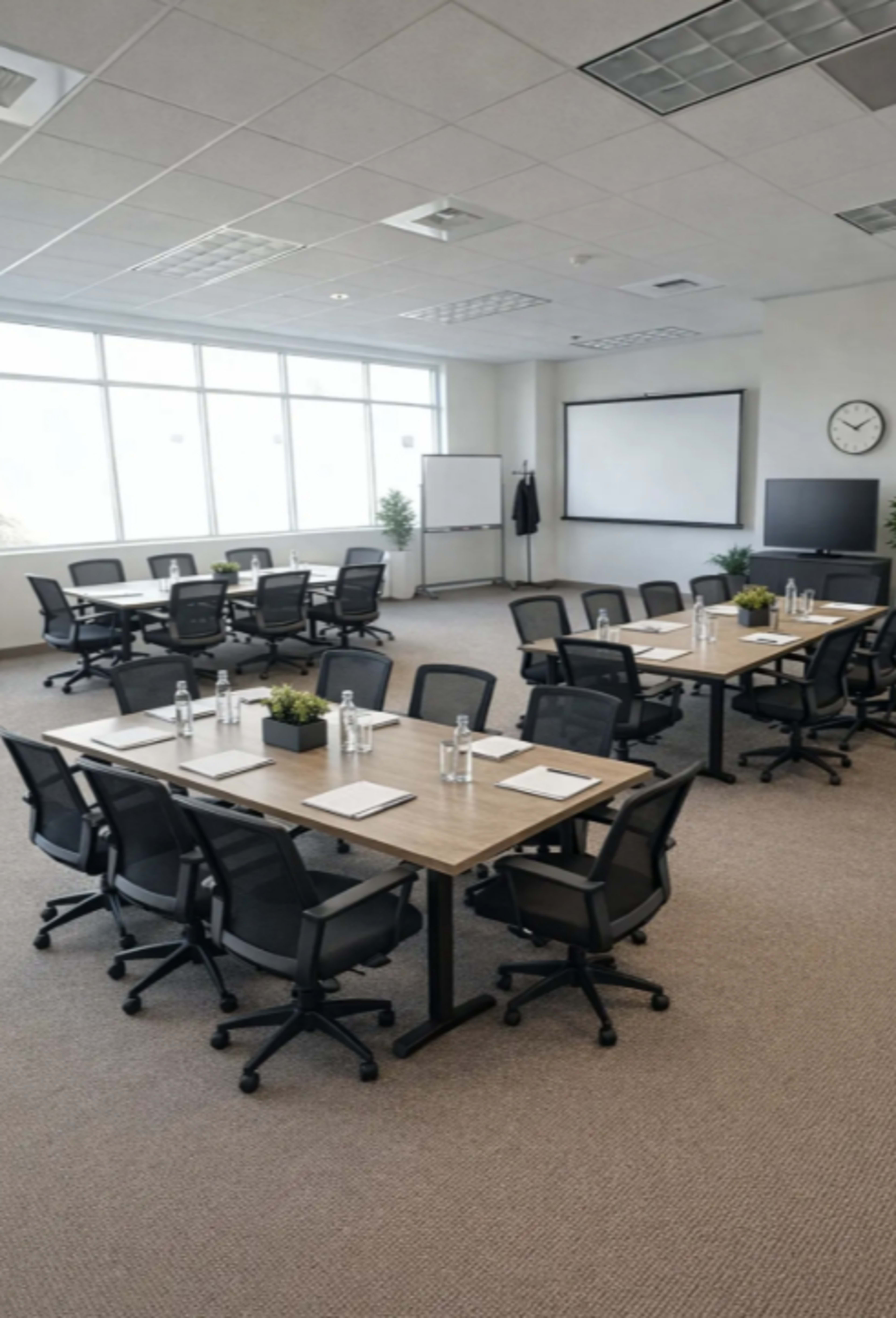 The image shows a modern conference room with multiple tables arranged for a meeting, surrounded by chairs and featuring large windows that allow natural light.